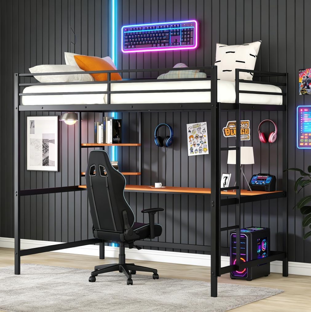 Bellemave Full Size Loft Bed with Desk and 2 Shelves in a room setting, showing a chair at the desk and items on shelves.