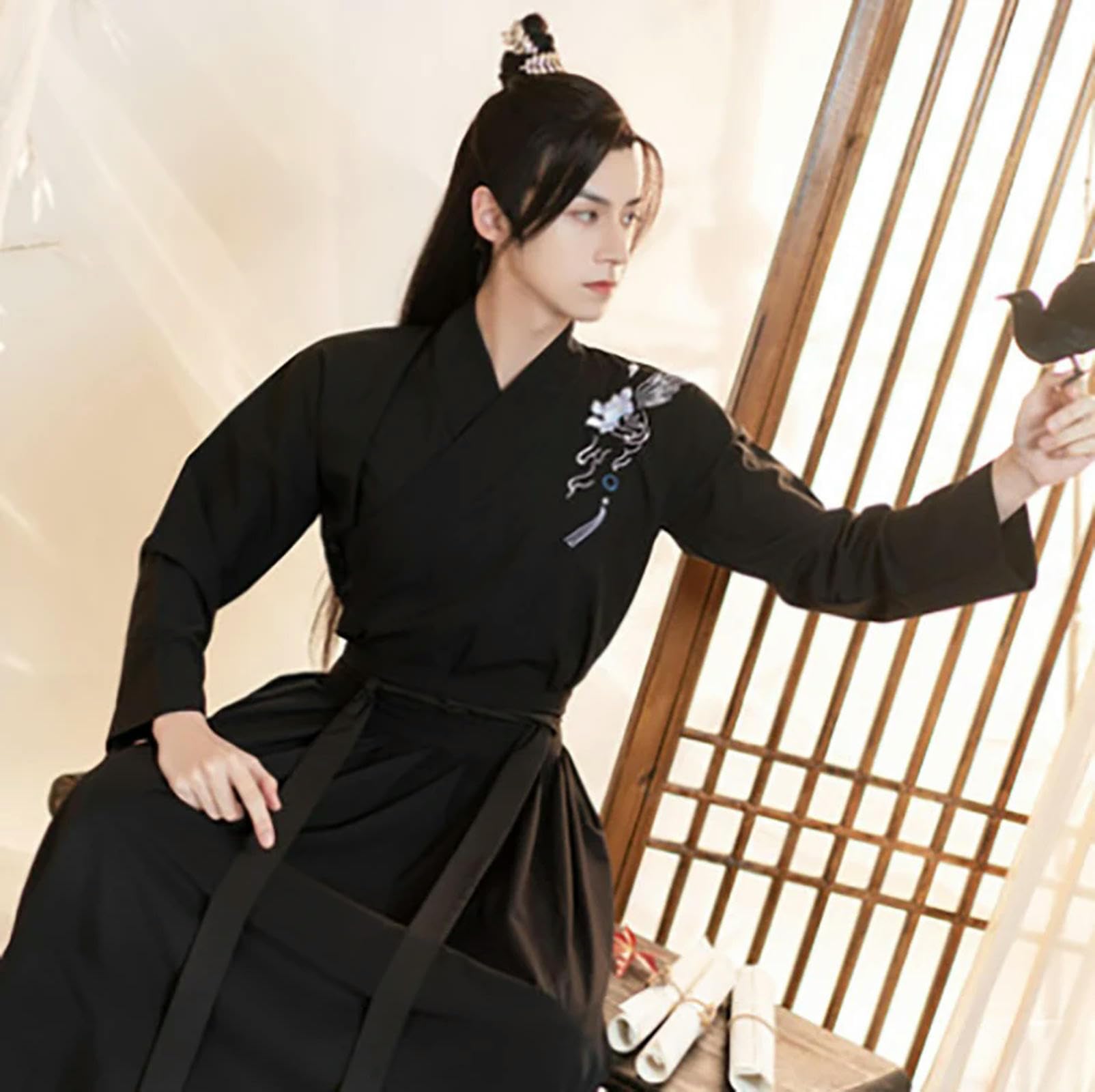 Hanfu - Costume da uomo in stile antico cinese Hanfu, nero, per carnevale, Halloween, cosplay, Hanfu, taglia L