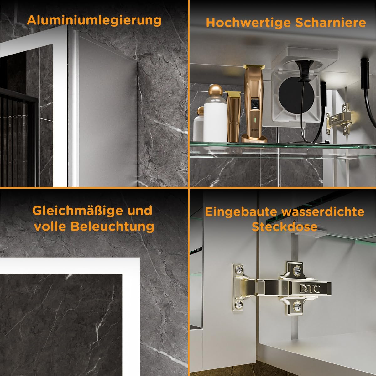 Spiegelschrank Bad mit Beleuchtung 80x60 – LED Badspiegel mit Ablage, Steckdose, Antibeschlag, Touch-Schalter – Wandmontage für modernes Badezimmer
