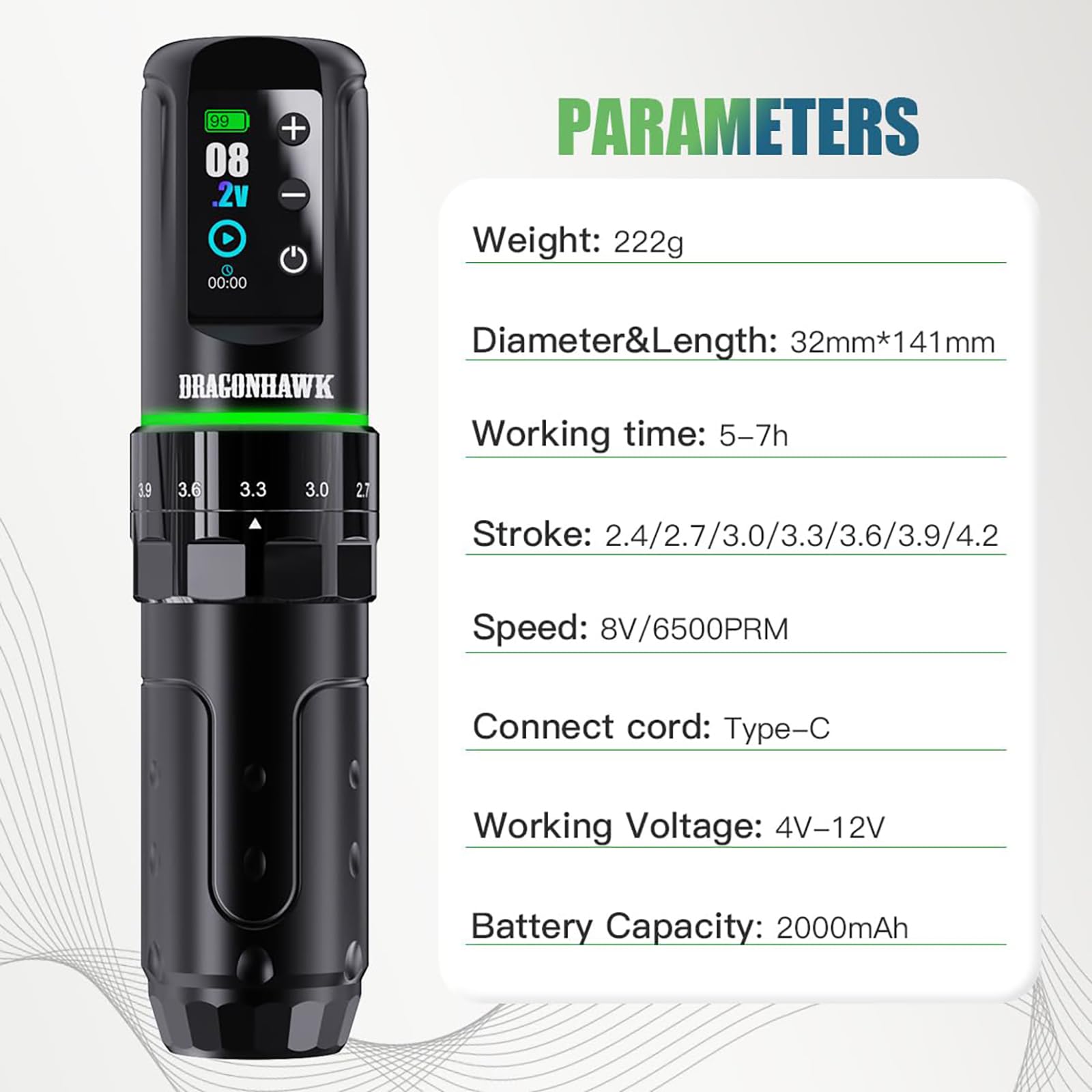Dragonhawk L3 Tattoo Maschine Set, Kabellose Tätowiermaschine Mit 2.4-4.2mm Hublänge Und 2000mAh Batterien, Stencil Nadeldrucker, 20 Stück Tätowier-Kartuschennadeln Für Anfänger Und Künstler