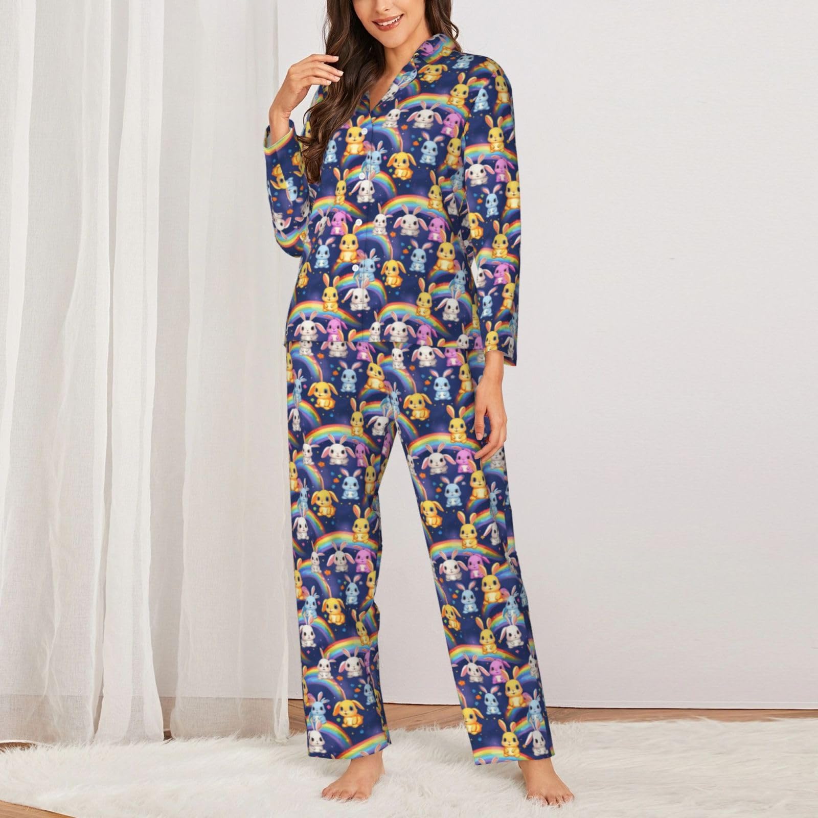 Pigiama a maniche lunghe da donna con stampa di coniglio arcobaleno Set Lounge Sleepwear Accogliente Nightwear Loungewear tutti i giorni