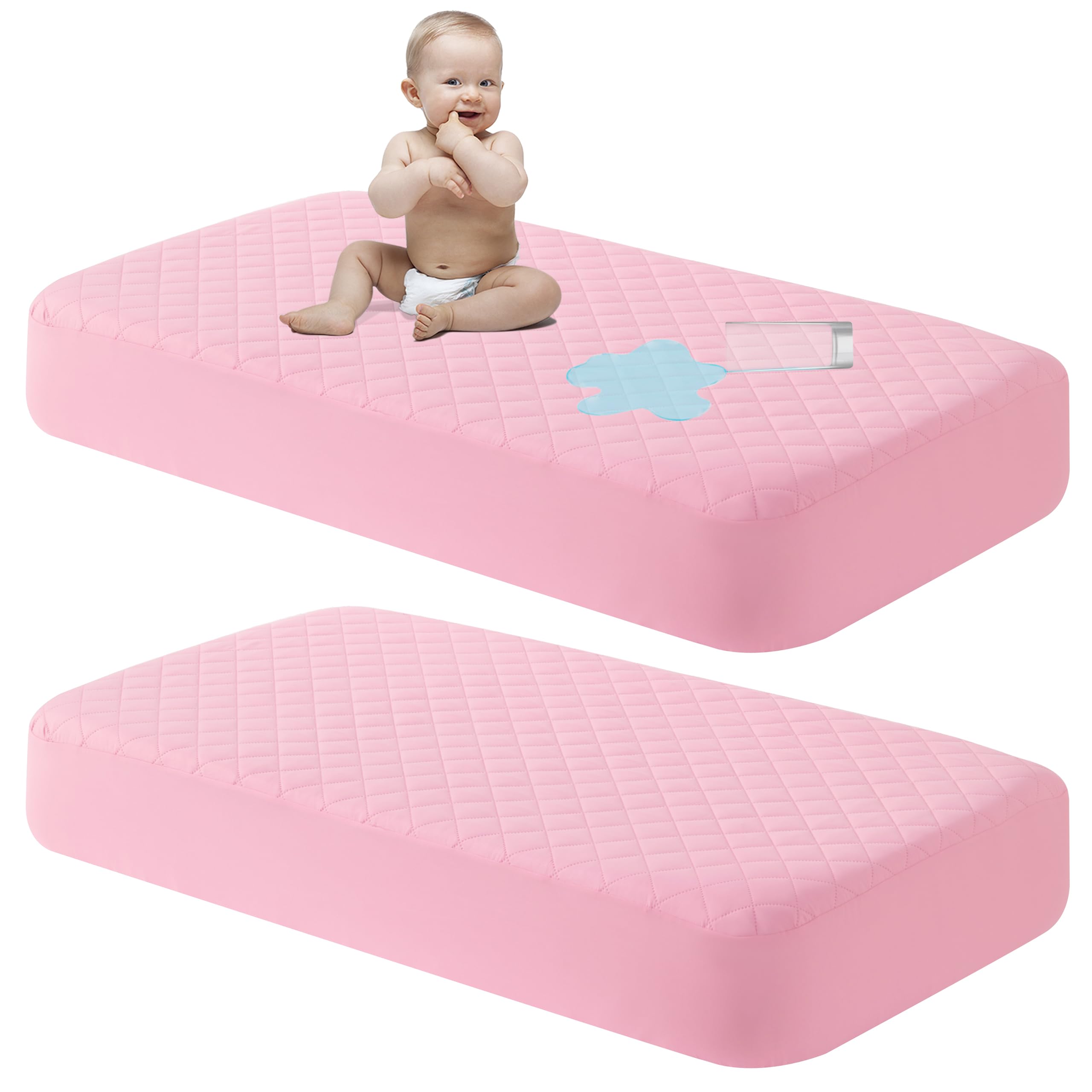NTBAY Mini Waterproof Crib Mattress Protectors, 2 Pack, Pink