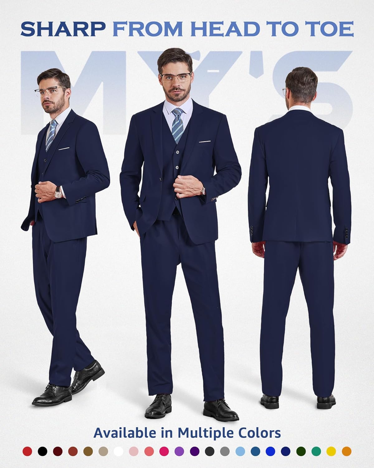 MY'S Men's 3 Piece Slim Fit Suit Set, One Button Solid Jacket Vest Pants... - Picture 86 of 138
