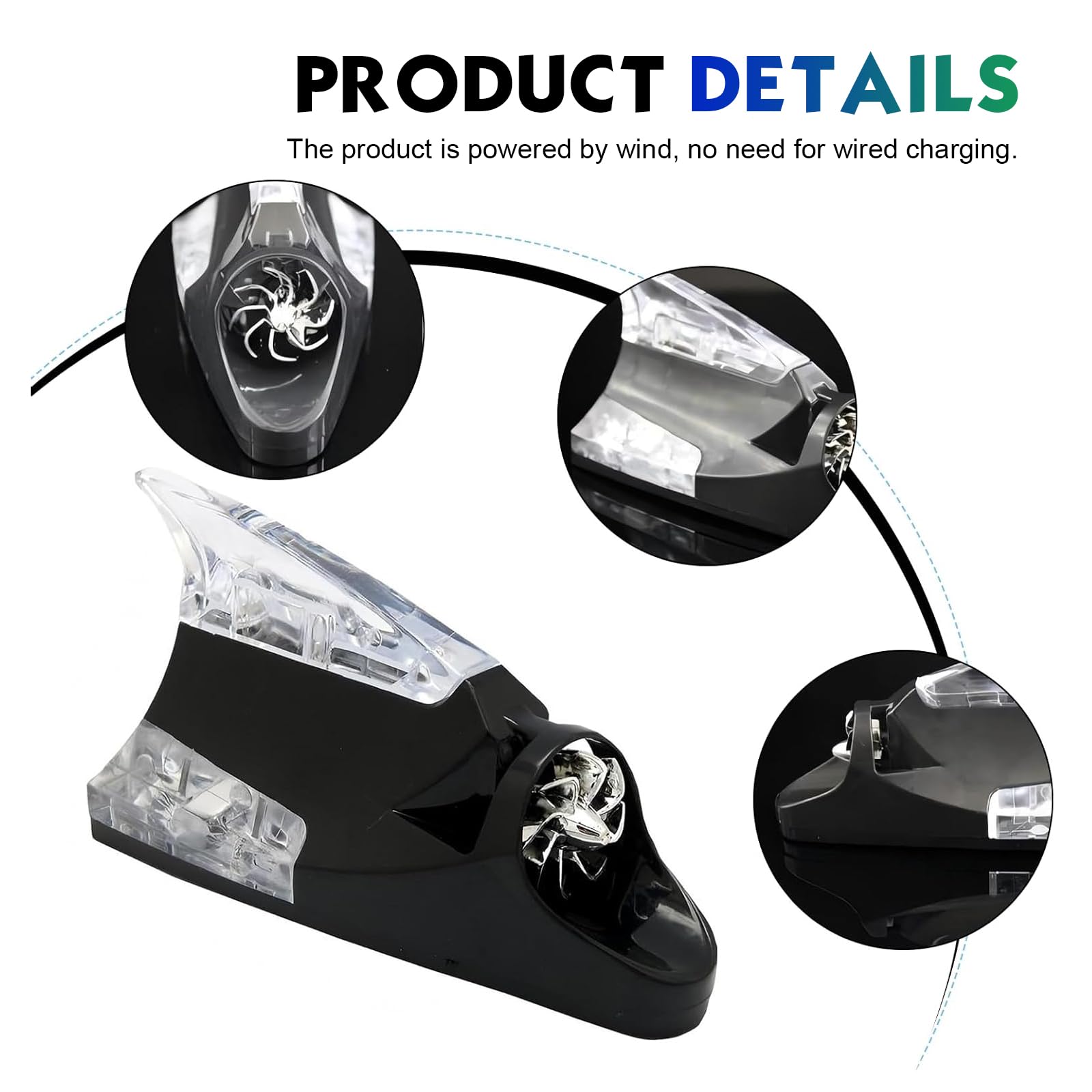 Glowing Car Roof Shark Fin Decor Cover, LED Wind Power Warning Flash Lamp, Self-Adhesive Auto Exterior Accessory, Universal for Most Cars (Black)