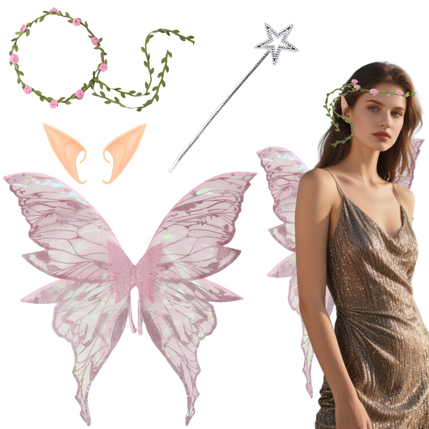 Dandin Fairy Wings Adult,Fairy Costume Butterfly Wings for Adult Kids,Sparkling Sheer Angel Wings Dress Up Party Favor,Fairy Princess Wings with Elf Flower Headband for Halloween Party Cosplay