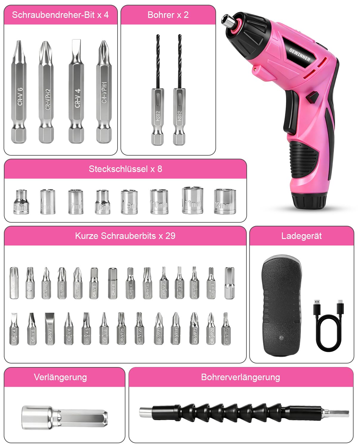 DEWINNER Destornillador Eléctrico Rosa 3N.m 1300mAh – Kit Taladro Destornillador Inalámbrico Recargable con Luz LED, Cable USB – Ideal para Bricolaje, Montaje de Muebles y Reparaciones Domésticas