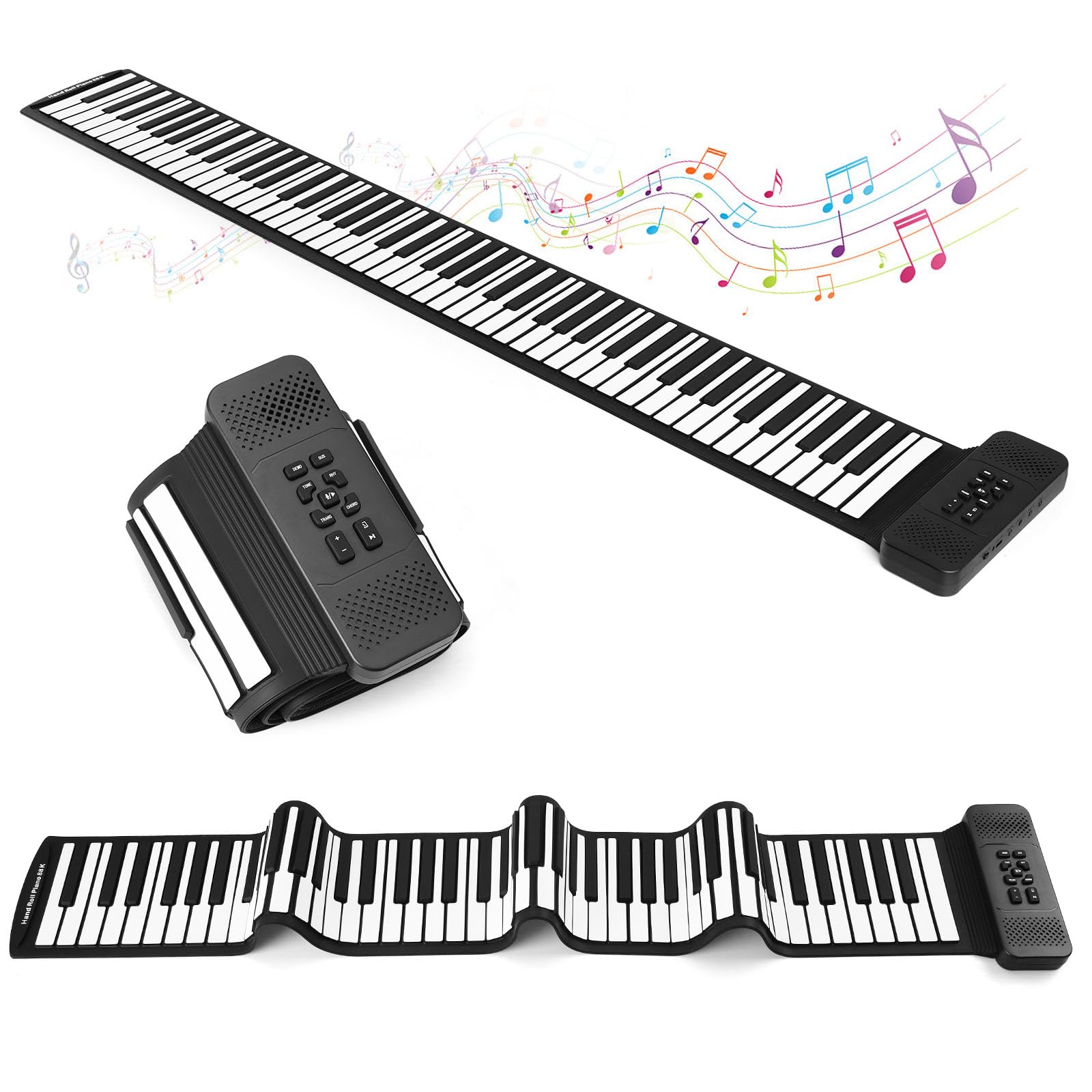 Roll Up Piano, Portable Silicone Keyboard Perfect for Beginners, Safe Material, Headphone Jack for Quiet Practice, 16 Tones & Record Function, Foldable for Travel (Black) (Black-88Keys)