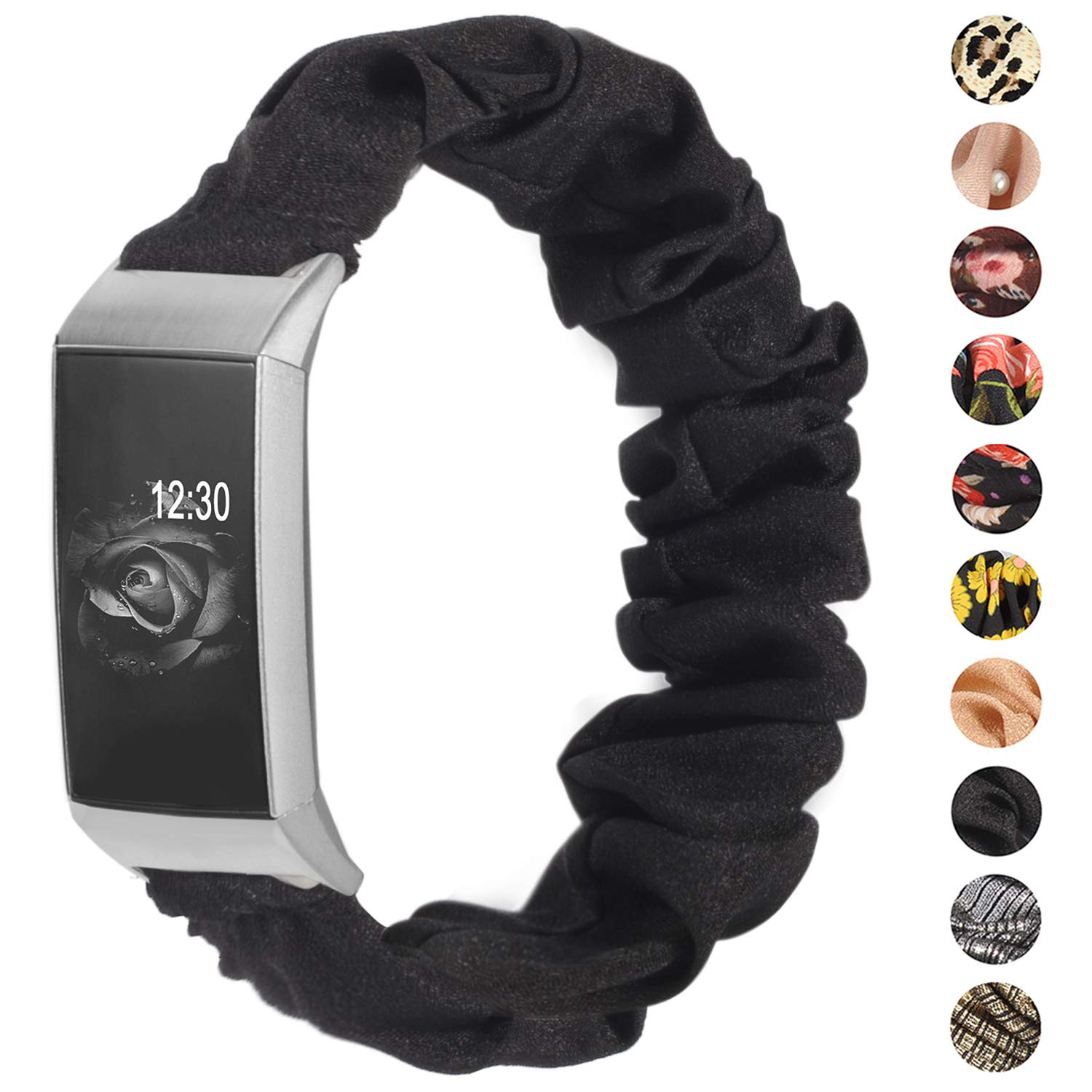 TOYOUTHS Compatible with Fitbit Charge 3/Charge 4 Bands Scrunchie Women Girl Rose Gold Elastic Cloth Fabric Strap Pattern Printed Bracelet Woven Replacement Wristband Scrunchy Accessories Large Small