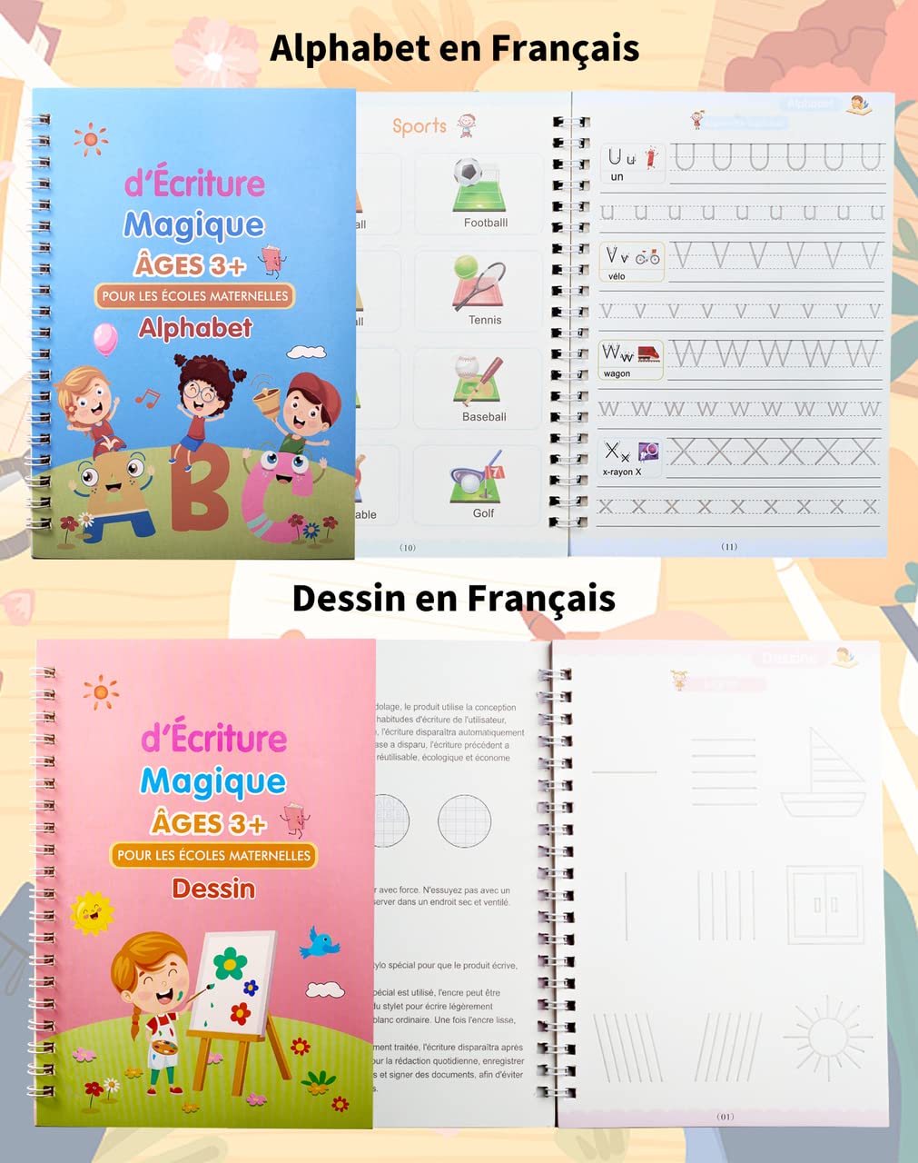 Cahier Écriture Magique OFFCUP - 4 Livres Réutilisables + Stylos - Calligraphie Enfant 3-8 Ans