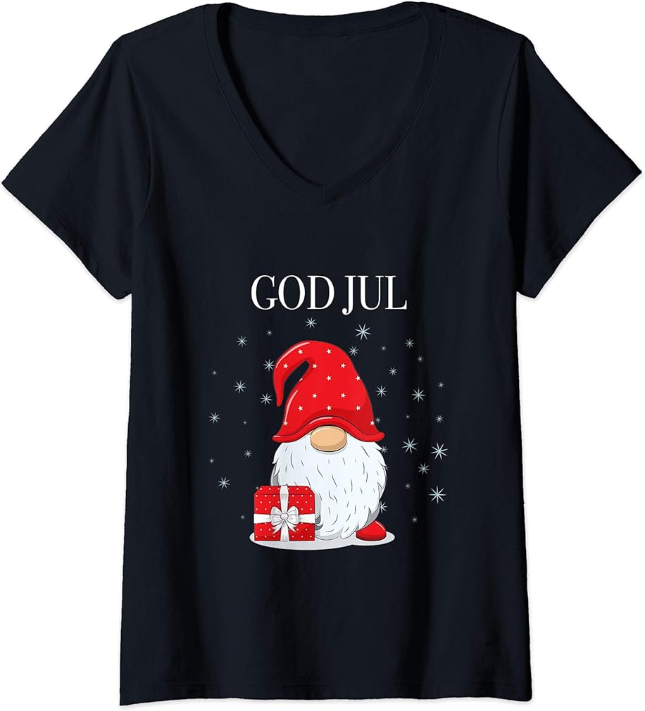 Womens God Jul Swedish Merry Christmas Sweden Tomte Gnome V-Neck T-Shirt