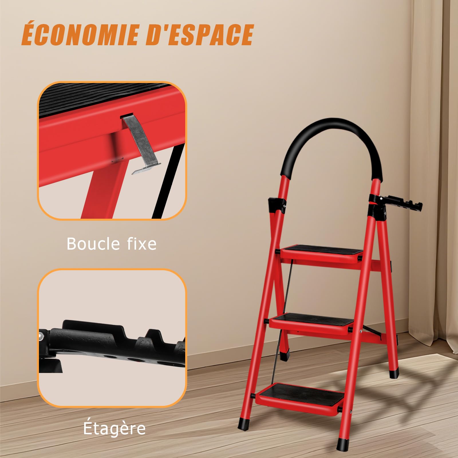 Escabeau Ménager 3 Marches en Aluminium avec Mains Courantes 150 KG Escabeau en Aluminium Echelle Multifonctions pour Maison et Bureau-104 x 57 x 41,5 cm - 3 marches (Rouge)