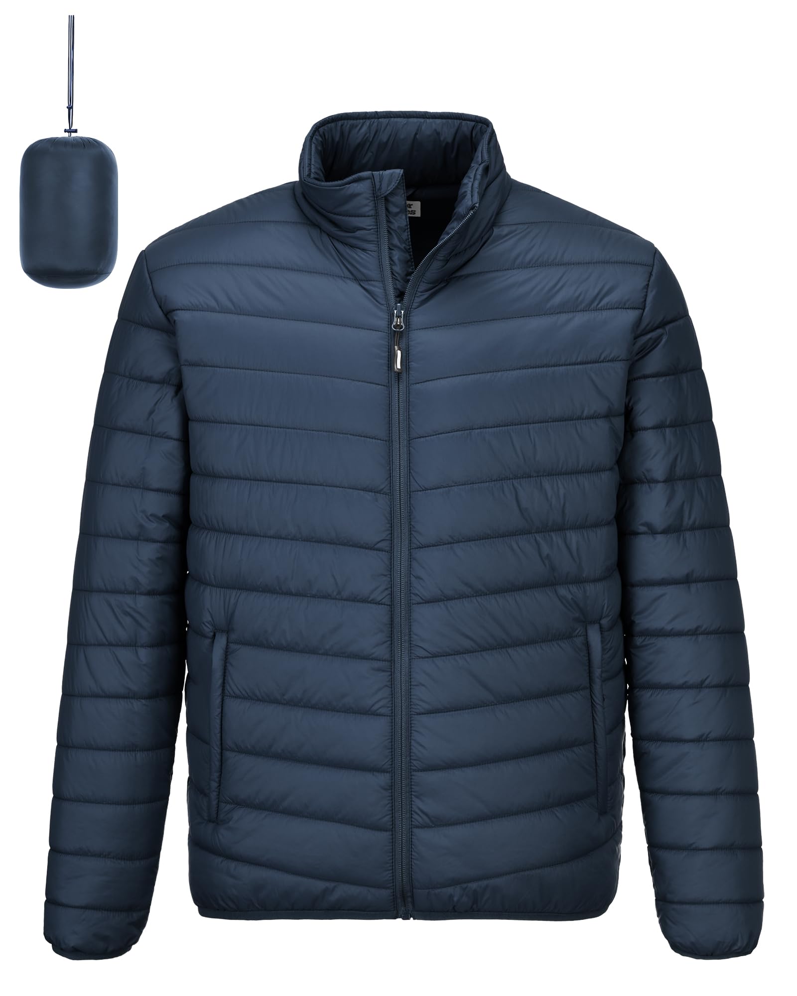 Outdoor Ventures Veste d'hiver matelassée légère et pliable pour homme, manteau bouffant isolé pour neige, ski, randonnée, voyage, Denim foncé (plié dans la poche ou le sac), Medium