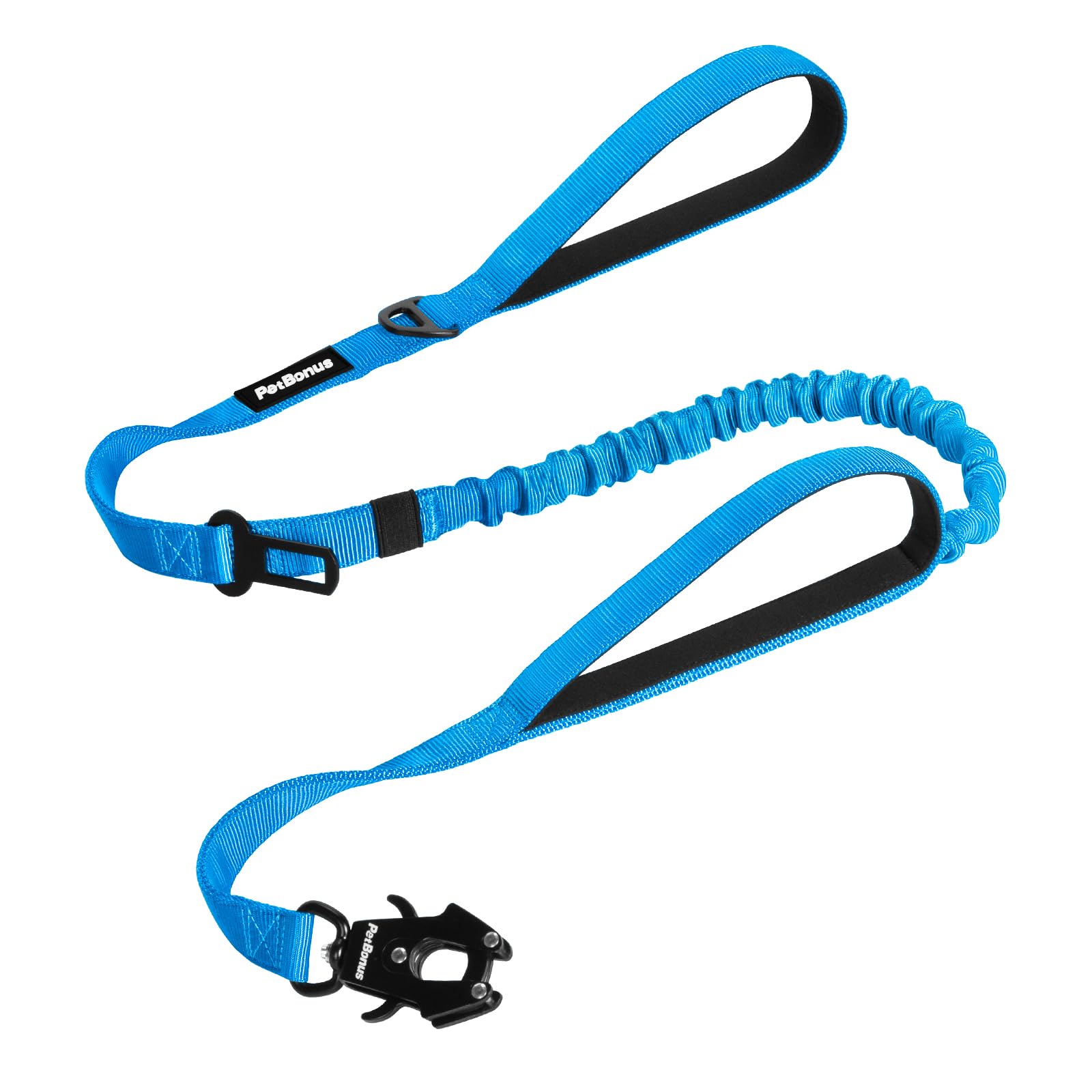 PetBonus Heavy Duty Tactical Dog Lead, 150 cm Bungee Shock Absorption Lead with 2 Padded Handles, Quick Release Metal Clip, Car Seatbelt, No Pull Training Leash for Large Medium Dogs（Light Blue）