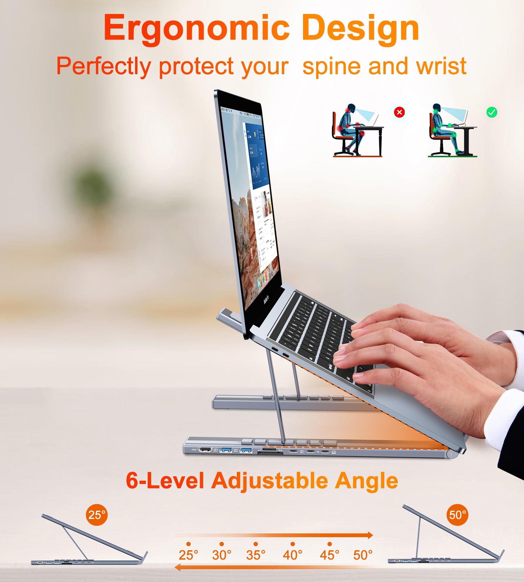 Supporto per computer portatile con docking station HDMI 8 in 1 multi-interfaccia in lega di alluminio