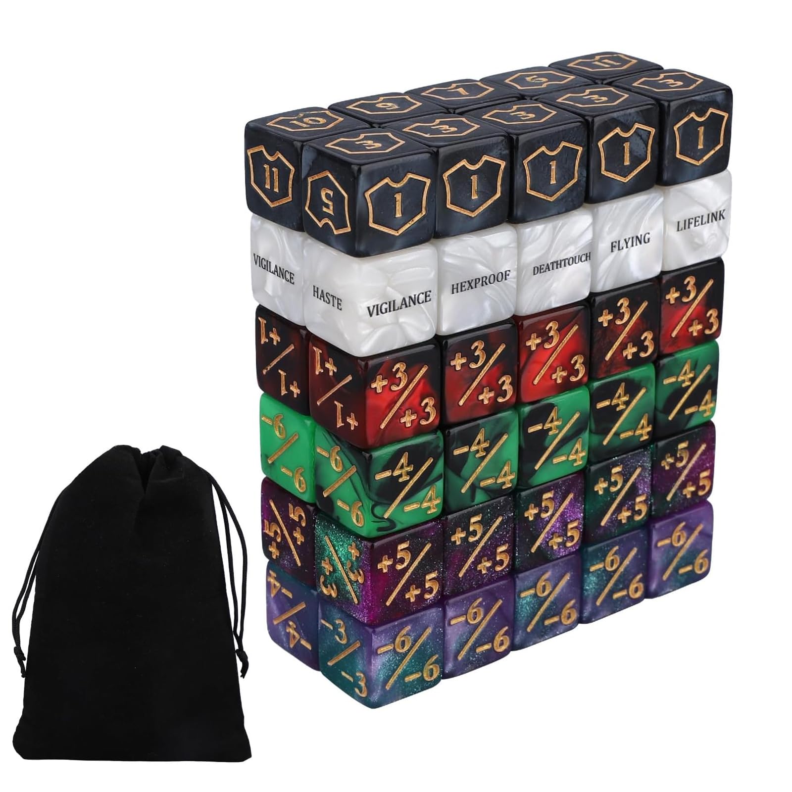 MTG Dice Counters 60 Pack, 16 mm D6 Keyword Ability Dice & +1-1 Buff Counters