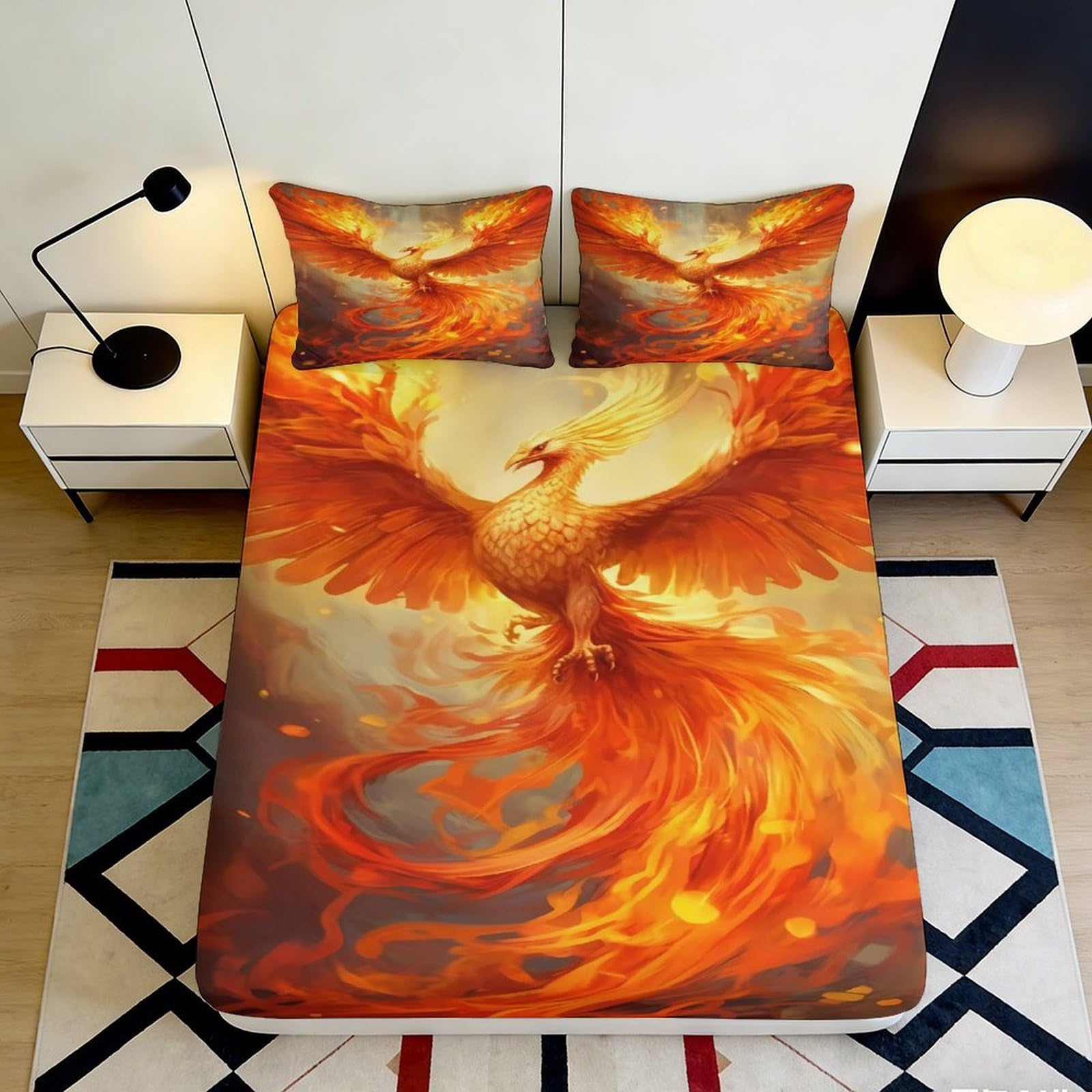 3D Printed Phoenix Fire Fitted Sheet Microfiber Bedroom Decor Flame Mattress Cover for Home Dorm Easy Care 90x200x25cm