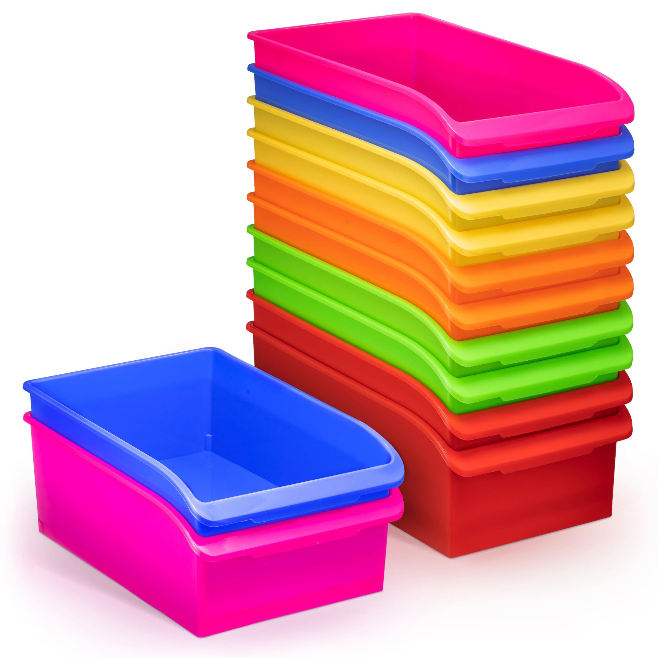 12 Pack - Large Plastic Book Bins for Classroom with Pull Out Wheels. Library Shelf Storage Organizer Boxes, Bulk Teacher Supplies Toy Baskets, Colored