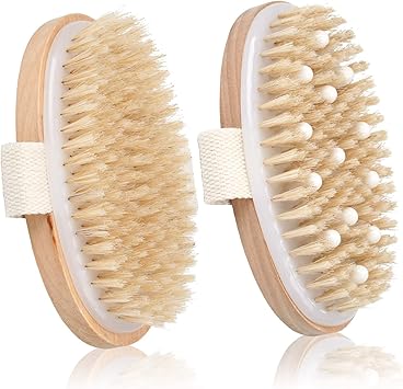 2 Pack Dry Brushing Body Brush, Natural Bristle Exfoliating Brush with Massage Nodes, for Lymphatic Drainage and Improving Skin Health and Reduces Acne