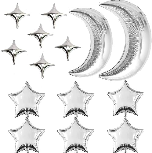 14 globos de papel de aluminio de estrella con 12 globos de estrella plateados y 2 globos grandes de luna plateada para luna y estrellas, baby disponible en Yaxa Colombia