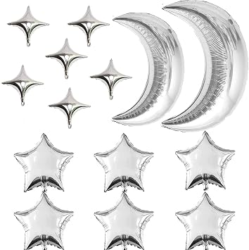 14 Pcs Star Foil Balloons Moon Balloons with 12 Pcs Silver Star and 2 Pcs Large Silver Moon Balloons for Baby Shower Anniversary Wedding Birthday Party Decoration