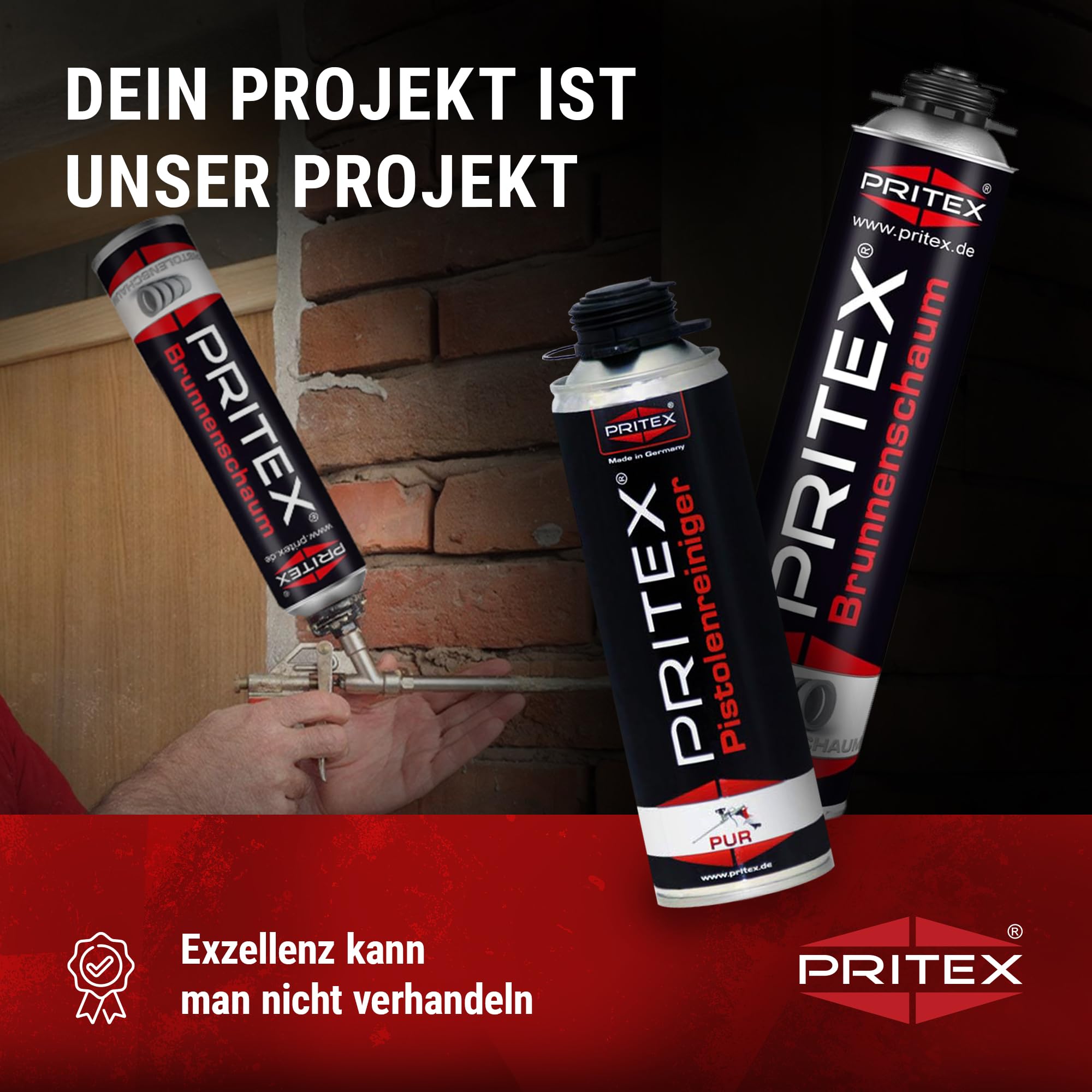 PRITEX – Brunnenschaum Set 3 x 750 ml Pistolenschaum inkl. Pistolenreiniger 500 ml Schaumpistole – Bauschaum zur Montage von Brunnenschachtringen & Rohrelementen