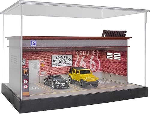Hot Wheels - Vitrina de estacionamiento a presión a escala 164, 2 neumáticos, modelo de luz LED, 7 espacios de estacionamiento con cubierta acrílica