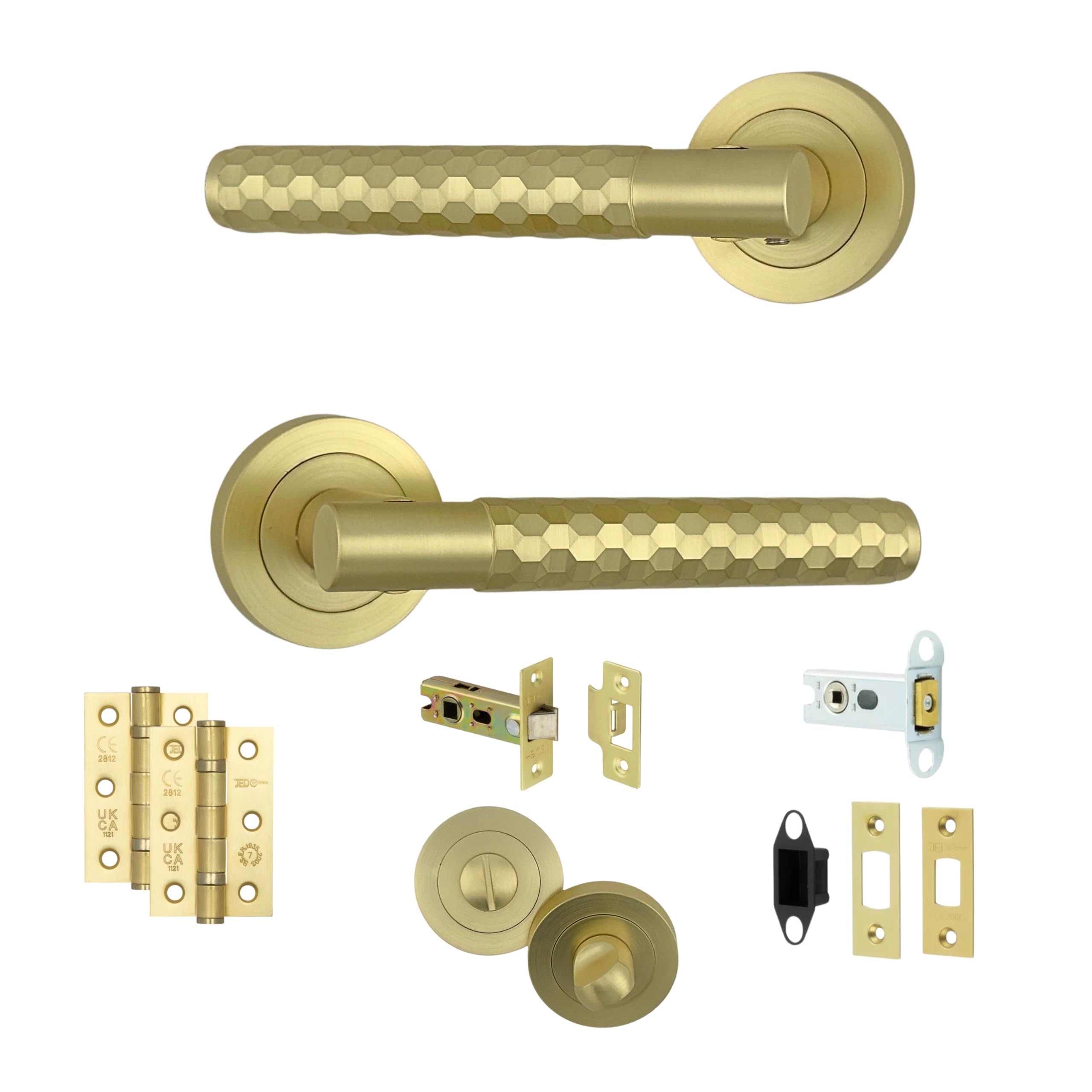 AXS Montana Internal Door Handles on Rose – Lever Handle Pair or Set for Wooden Doors – Modern Concealed Fix – Fits Standard UK Tubular Latch (Satin Brass, Bathroom Door Pack - 44mm Backset)