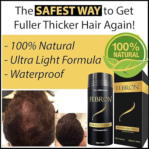 Miniatura 3 de FEBRON Fibras de cabello para adelgazar el cabello castaño oscuro para mujeres y hombres corrector de pérdida de cabello polvo voluminizador a base