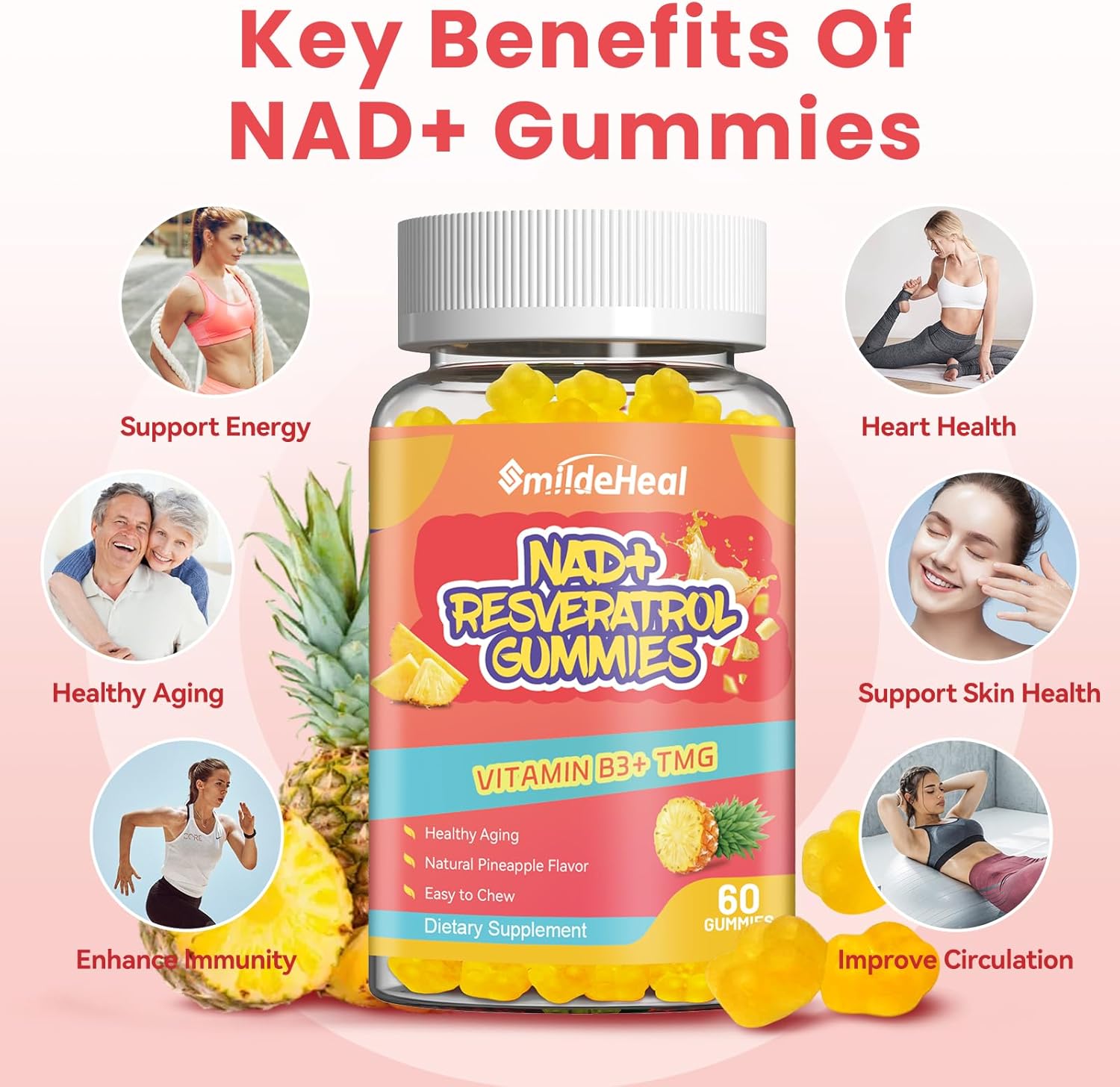 NAD+ Resveratrol Gummies NAD+ Supplement 500mg with Vitamin B3 & TMG – Healthy Aging, Energy & Cellular Health Support – Vegan Friendly, Natural Pectin – 60 Gummies, 30-Day Supply - Image 3