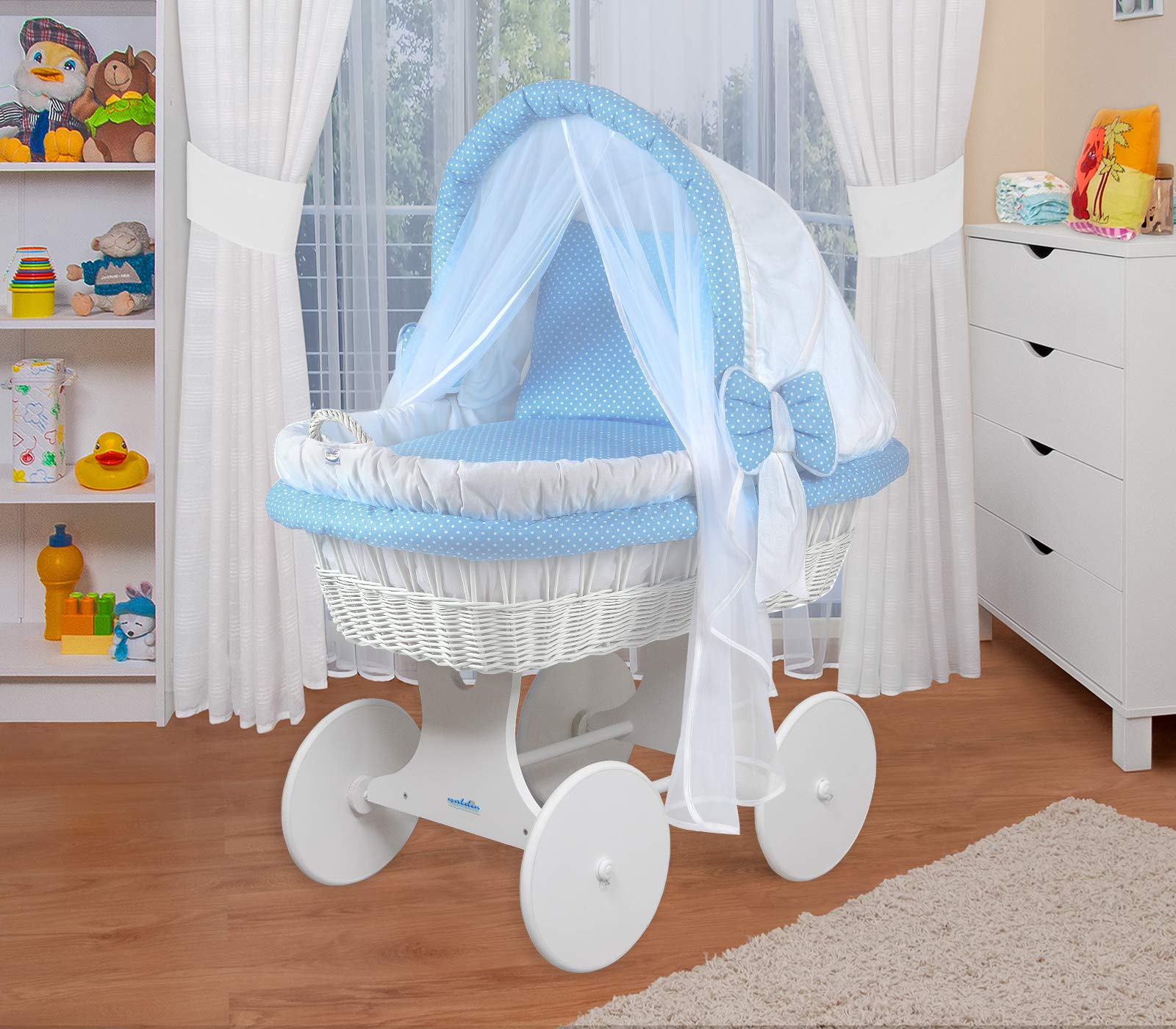 WALDIN Culla con cappotta e ruote XXL, telaio bianco, tessile bianco/blu