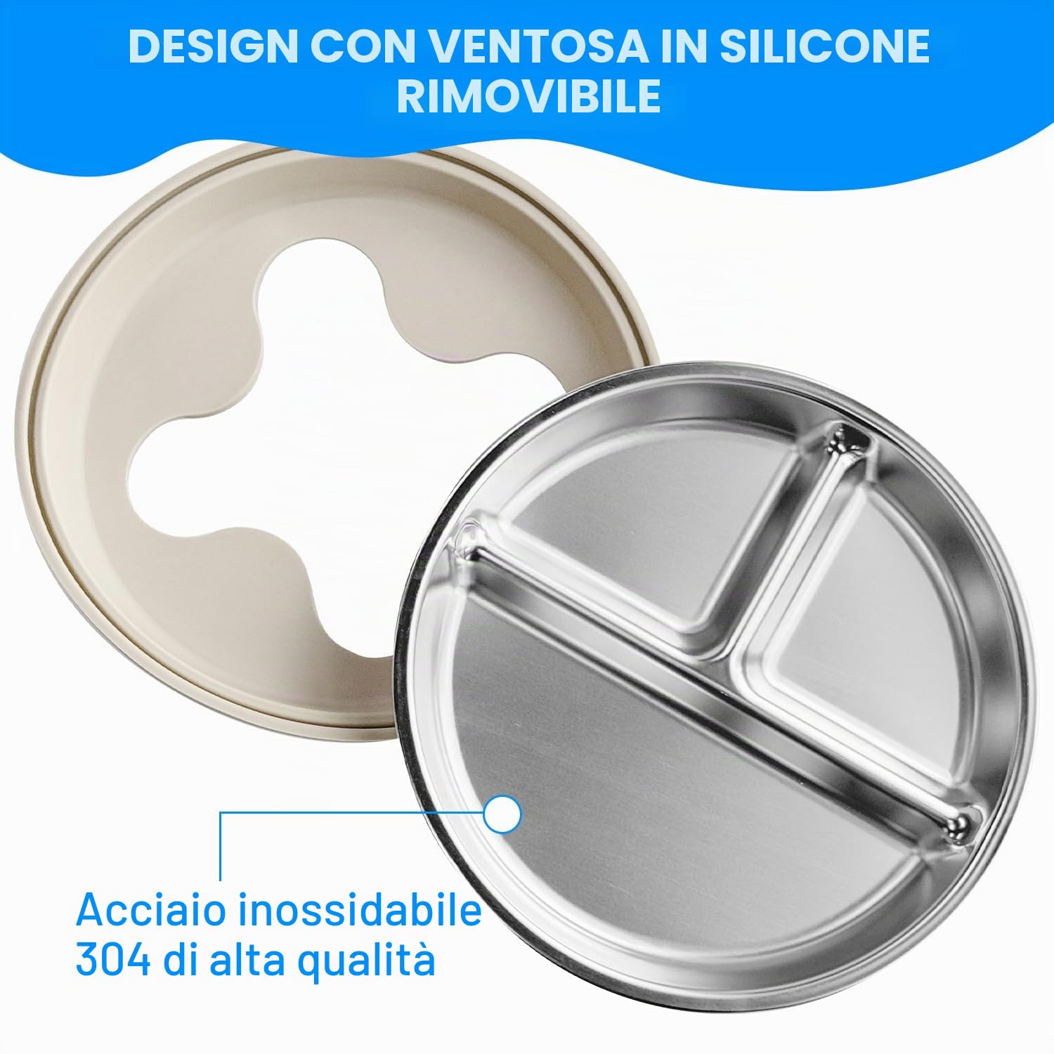 2 piatti a ventosa per bambini, in acciaio inox, con 2 cucchiai e forchette, piatti divisi per bambini, utensili per bambini, set di alimentazione antiscivolo, senza BPA (grigio + beige)