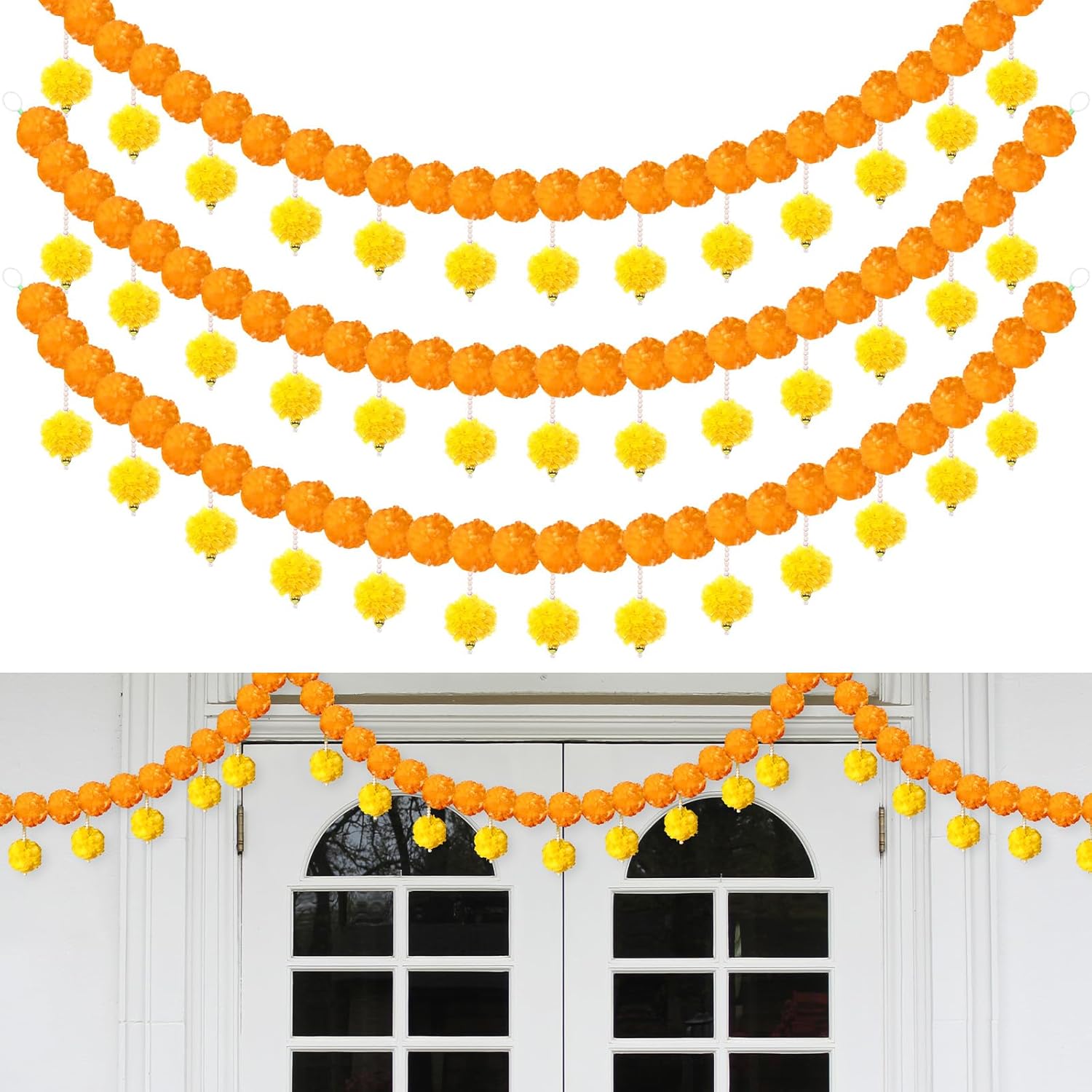 Riceshoot 3 Pcs Marigold Garland for Day of The Dead Decorations 4.6 Feet Long Strands Artificial Marigold Flowers with Pearls Decor for Día De Los Muertos Indian Wedding Toran Door Decor (Orange)