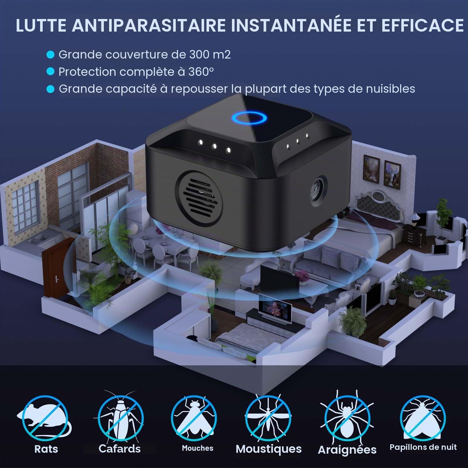 Ultrasons Souris et Rats 360°, 3 Modes Répulsif Souris Brancher avec 12 Lumières Stroboscopiques, 300 M² Large Portée Ultrasons Anti Rongeurs pour Souris Rat Araignée Moth Fourmi