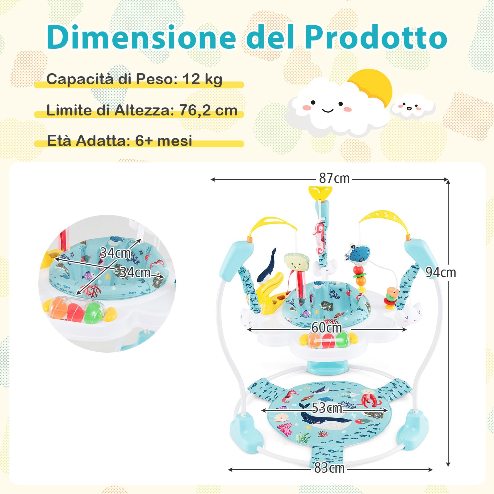 COSTWAY Jumperoo per Bambini, Centro Attività Saltella con Altezza Regolabile, Sedile Girevole 360°, Luci e Suoni, 6+ Mesi, Azzurro