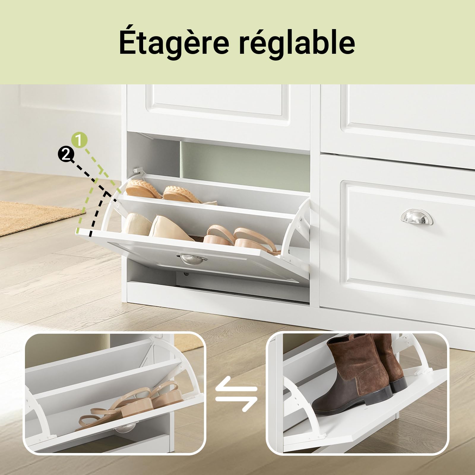 SoBuy Meuble Chaussures avec 4 abattants 105x24x83cm pour entrée | Range chaussures 16 paires, MDF E1 FSC, séparateurs réglables, dos semi-ouvert, blanc FSR79-W