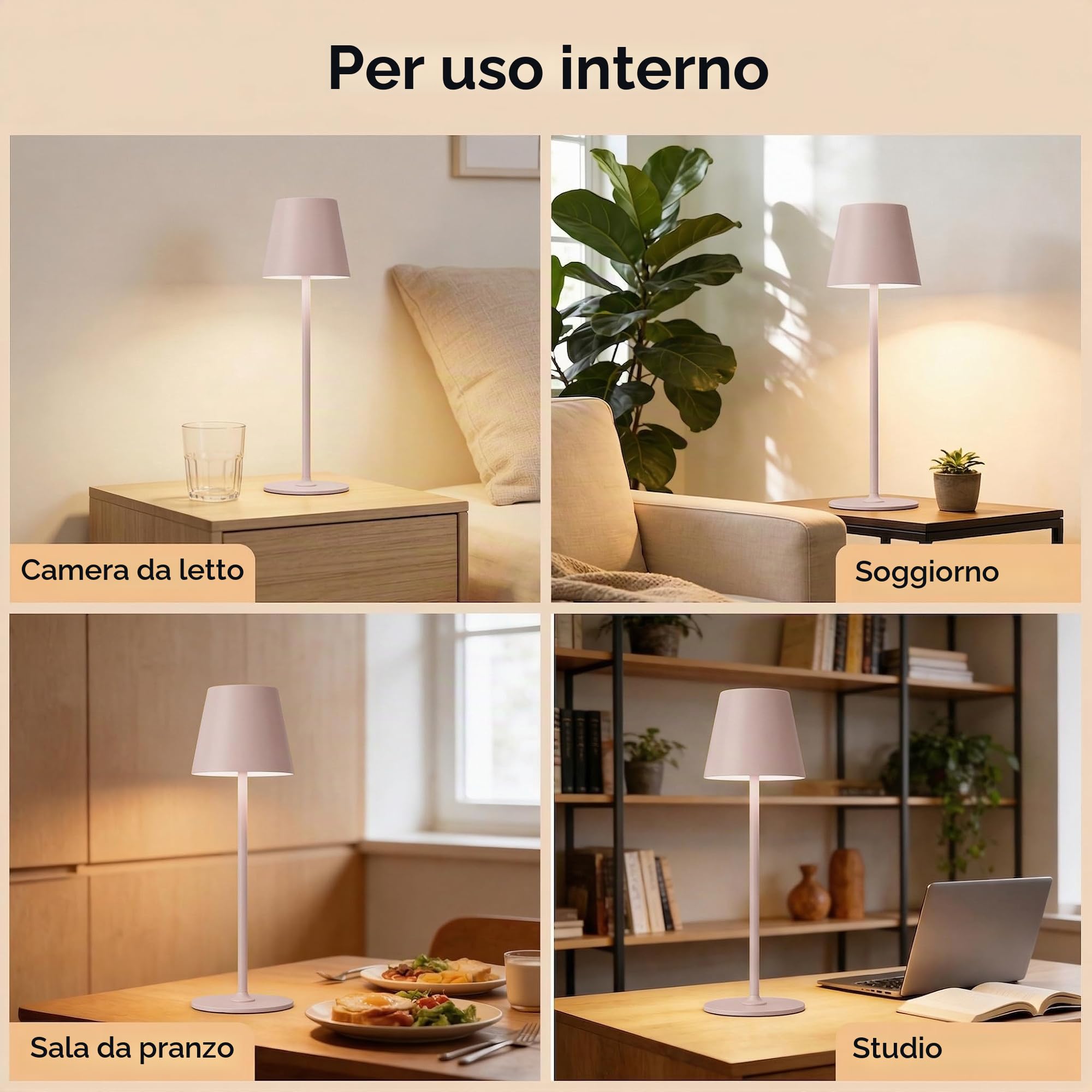2 Pezzi Lampada da Tavolo Senza Fili in Metallo, Lampada Comodino | Lampada da Scrivania Ricaricabile, Abat Jour LED per Interno Esterno, Luce Calda a 3 Livelli, Corpo Metallico,IP54,Rosa Beige