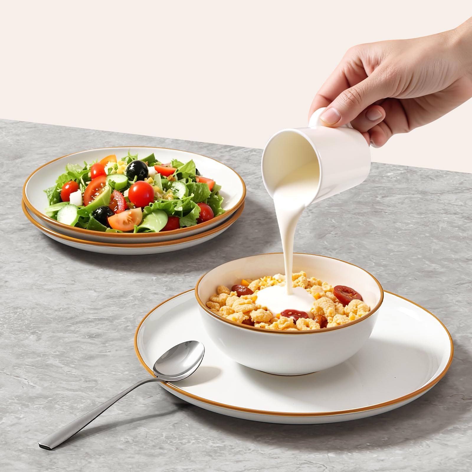VEVOR Set di Stoviglie, 18 Pezzi Servizio per 6 Persone, Piatti Ciotole Rotondi, Stoviglie in Ceramica Antigraffio, Piatti per Lavastoviglie Microonde, per Insalata Zuppa Pasta, Bianco