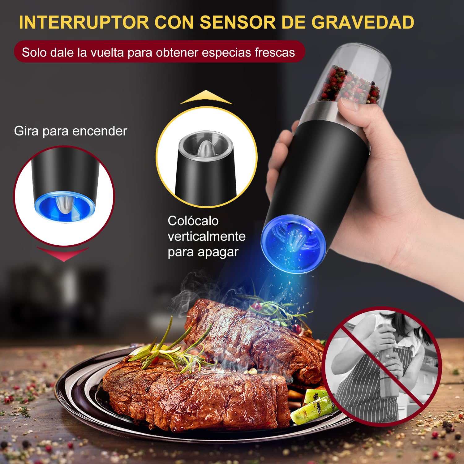 Molinillo Pimienta, Hotec Molinillos Eléctricos de Pimienta y Sal, 9 oz de Alta Capacidad, Funciona con Pilas AAA con Sensor de Gravedad, 6 Niveles de Molienda e Indicador LED,Juego de 2