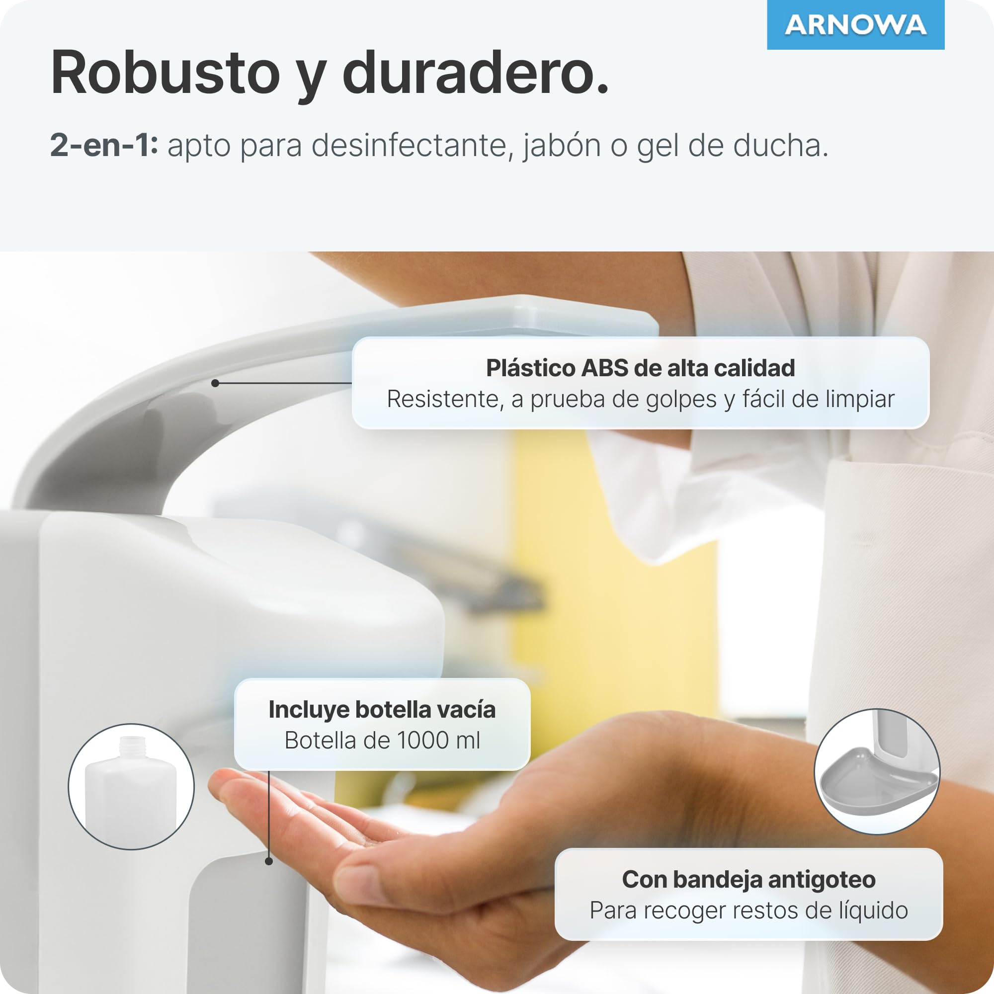 ARNOMED 4 dispensador jabon baño Pared de plástico para 1000ml, dispensador jabon Pared de Palanca, dispensador de jabon Pared Blanco, dispensador Vertical de jabón sin taladrar