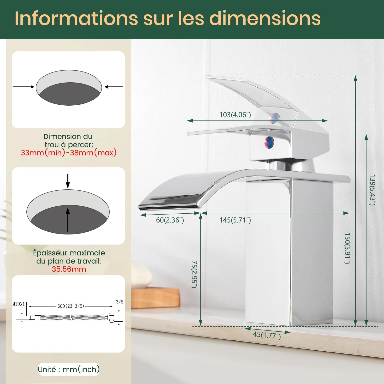 Robinet de salle de bain avec jeu d'échappement, mitigeur en cascade pour lavabo, monocommande pour salle de bain avec tuyau de raccordement G3/8 pour WC des invités (hauteur de drain 80 mm