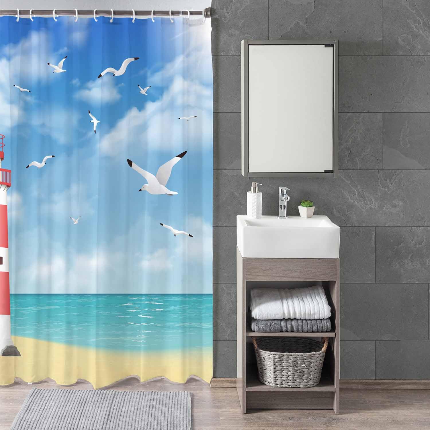 Woutay Shower Curtain Mould Proof Resistant Lighthouses on The Beach,Water Repellant Fabric,Polyester,with 12 Plastic Hooks - Image 3