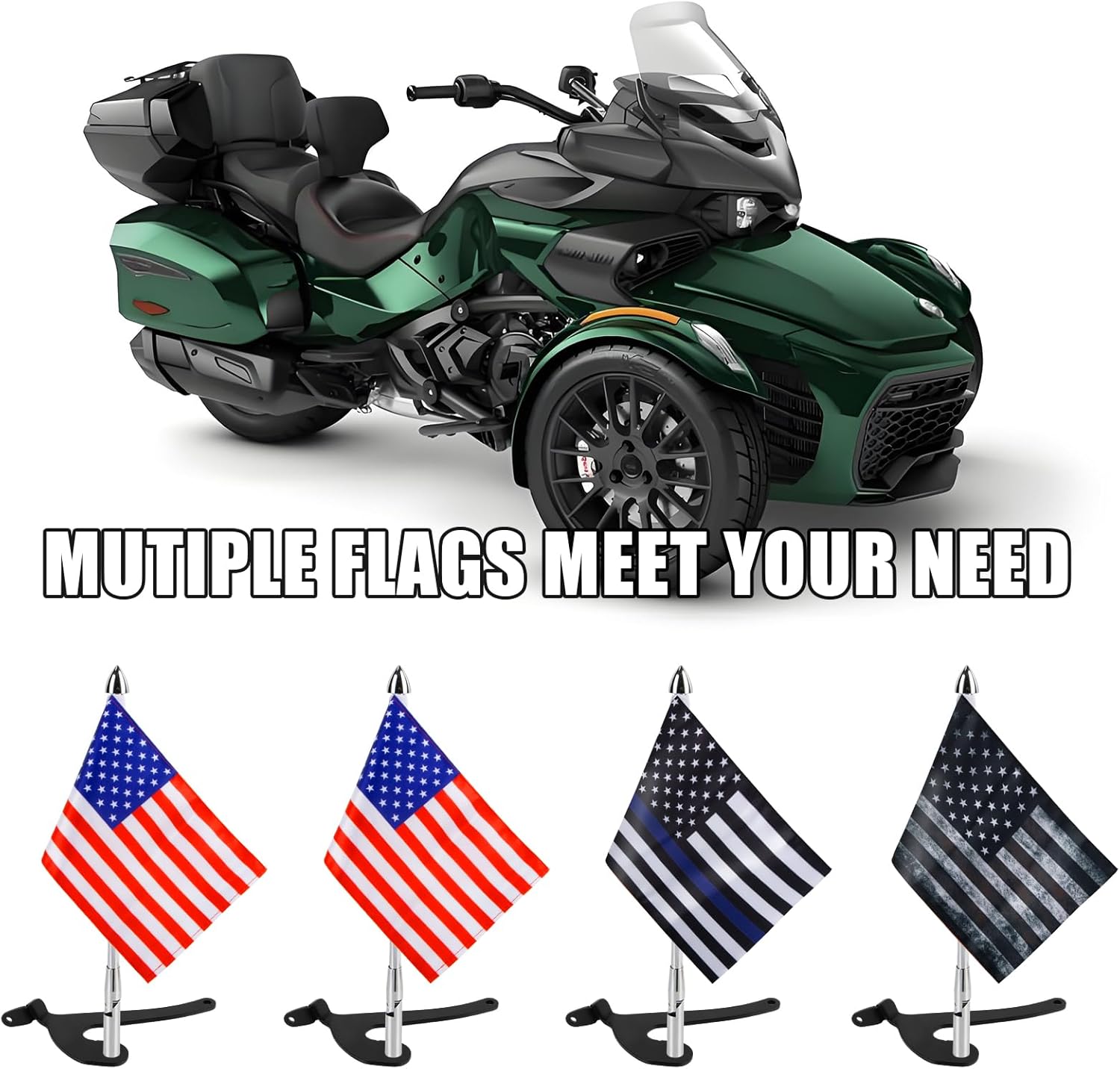 PSLER Spyder Flag Pole Fits for F3-Limited 2017-up Spyder RT 2020-up Right and Left Side Trunk Mounted Foldable with 4 USA Flags