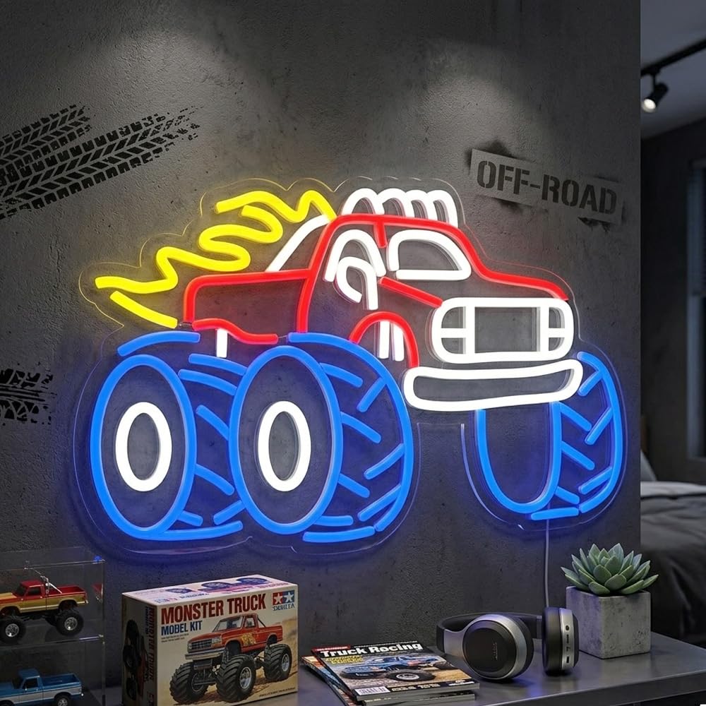 Letrero de neón con diseño de camión monstruo, luz LED de neón para decoración de pared, letrero LED regulable para habitación de niños, arte de pared, regalos de cumpleaños, vacaciones, 16.5 x 11