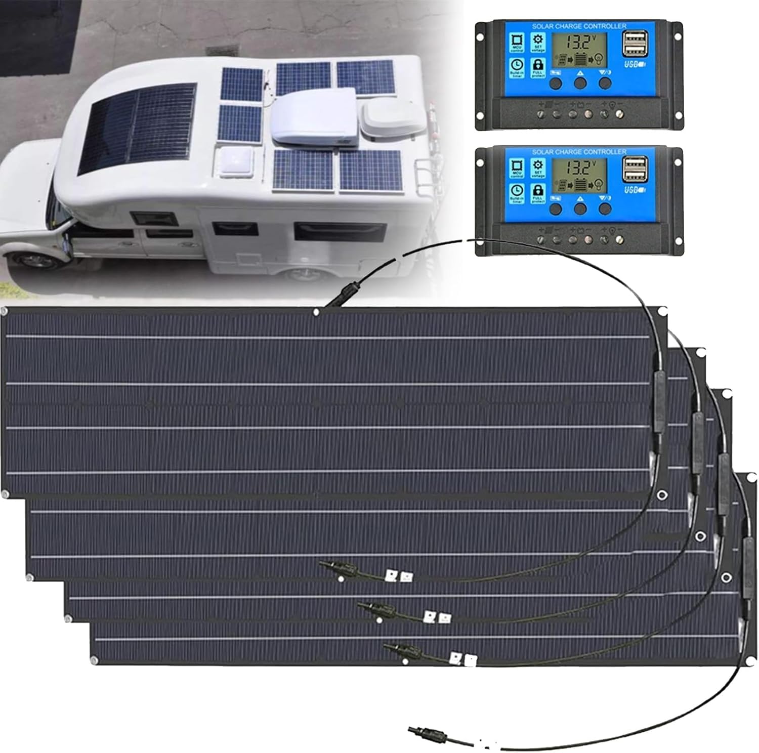 GZGHRZQS 200W/400W/800W Solar Panel Kit Portable, Framed Solar Panel, Flexible Monocrystalline Module With 40A Charge Controller, IP67, For Family, Caravan, Boat