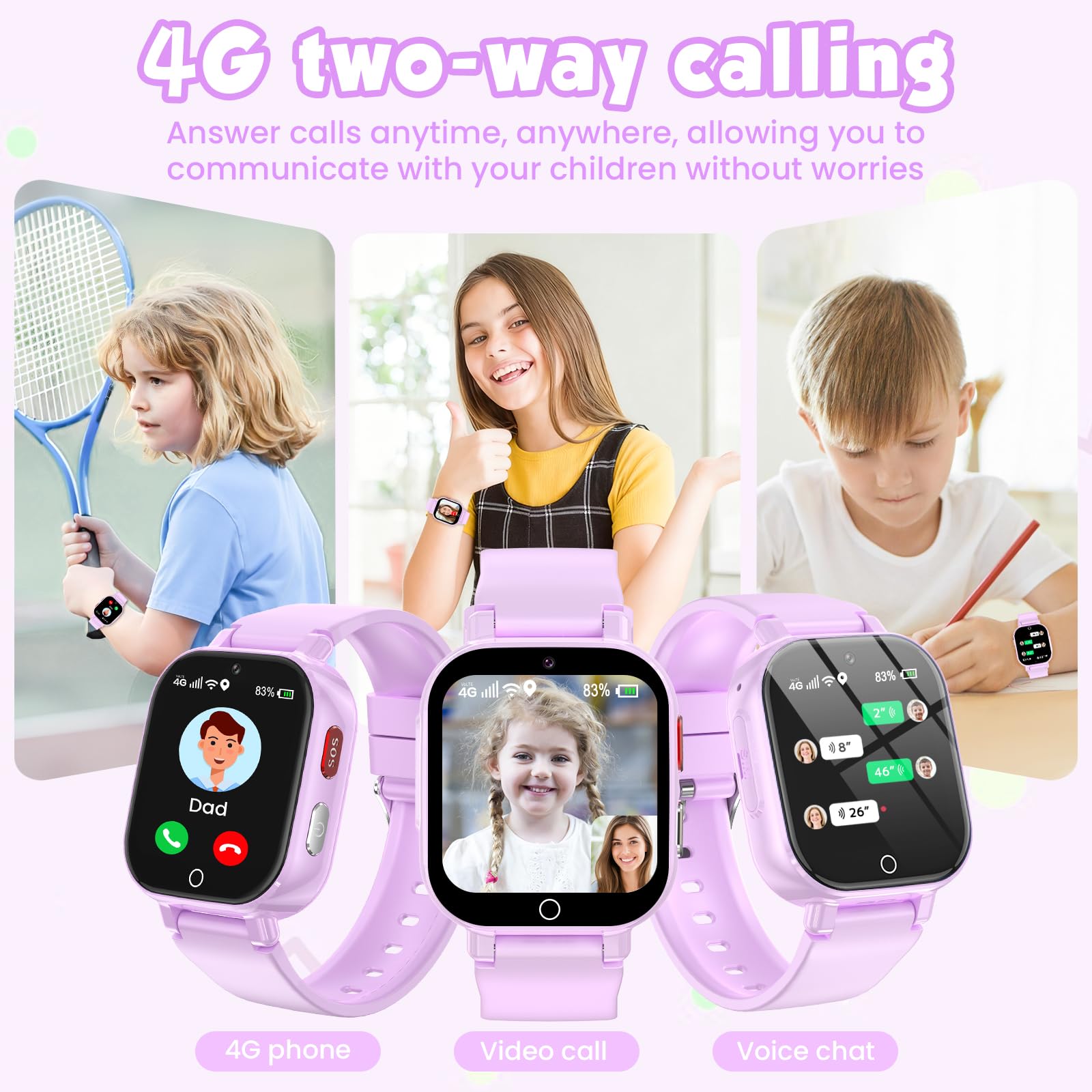 4G Smartwatch Bambini con GPS e Telefono, Orologio Smartwatch Bambini con Videochiamate, Chat Vocale, Modalità Scuola, SOS, Contapassi, Orologio Intelligente Regalo Ragazzi Ragazze 4-12 (Viola)
