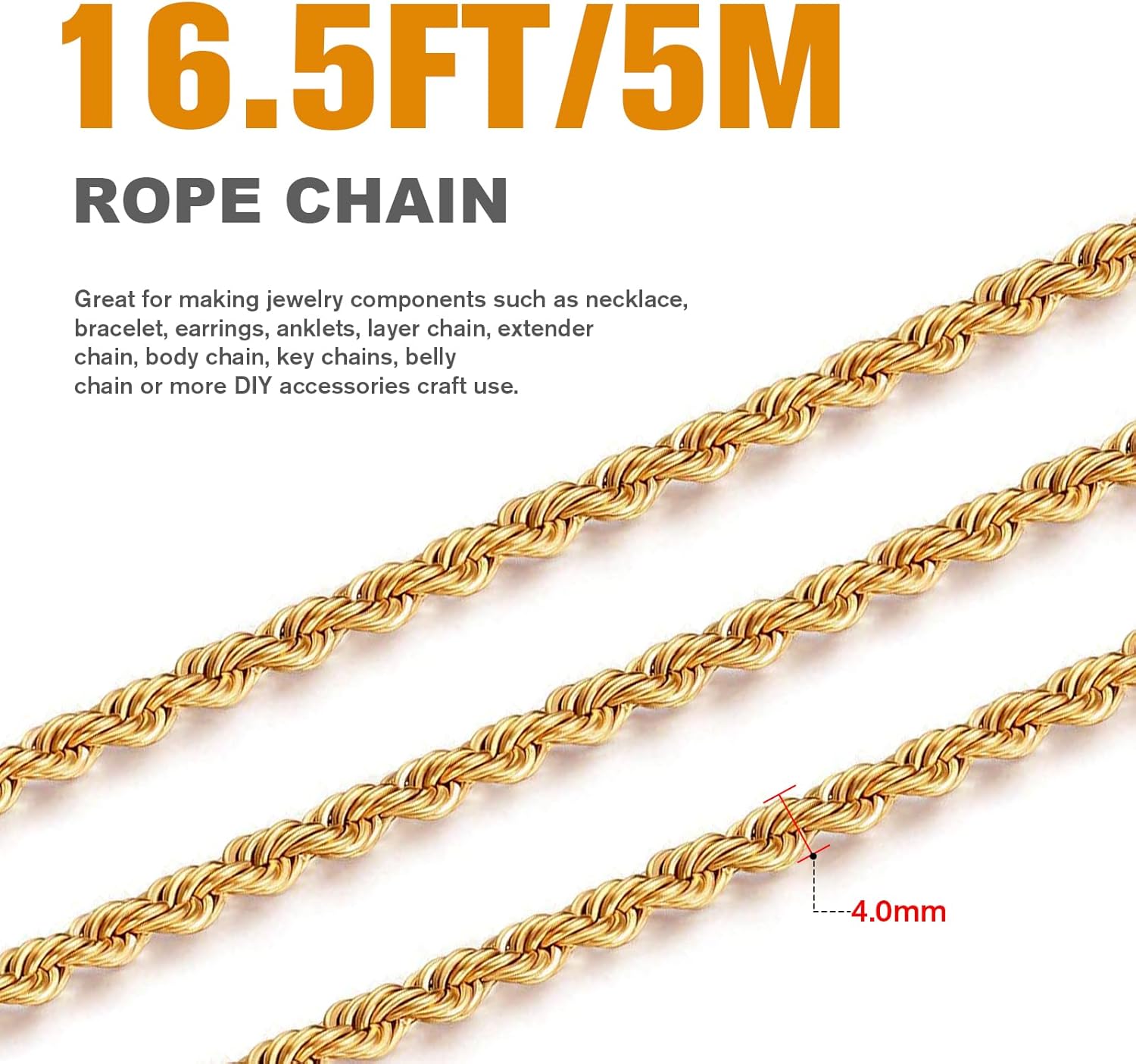Cadikez 16.5 Feet 18K Gold PVD Plated Stainless Steel Rope Chain, 4mm Width 304 Stainless Steel Rope Chains Roll Bulk for Jewelry Making - Image 4