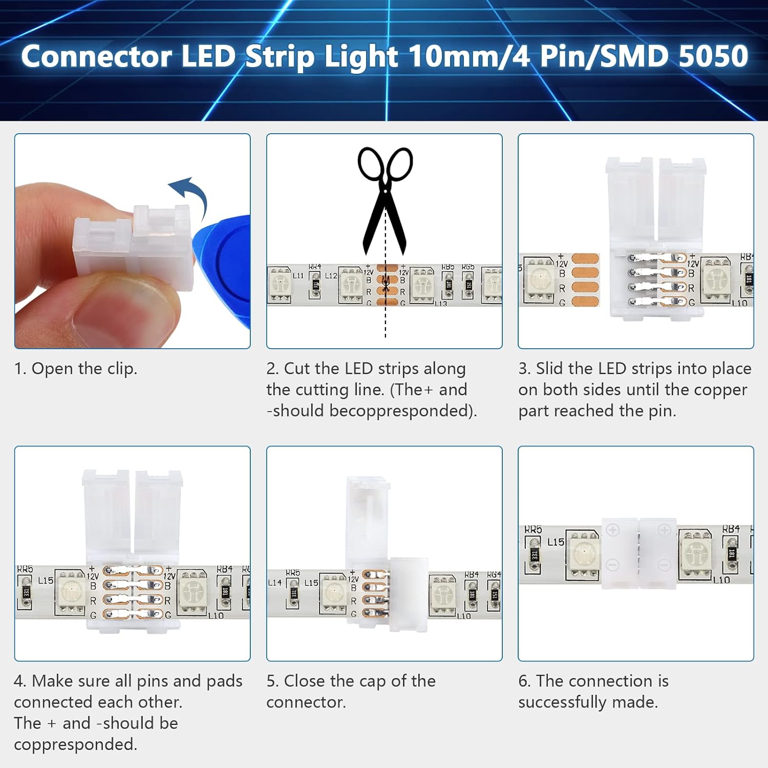 4-Pin 10mm RGB LED Light Strip Connectors, 100 Pieces Solderless and Gapless Adapter Terminal, Incl. Screw Clips, Cuttable T, L and X Shape for SMD 5050 RGB LED Strips Extension and Connection