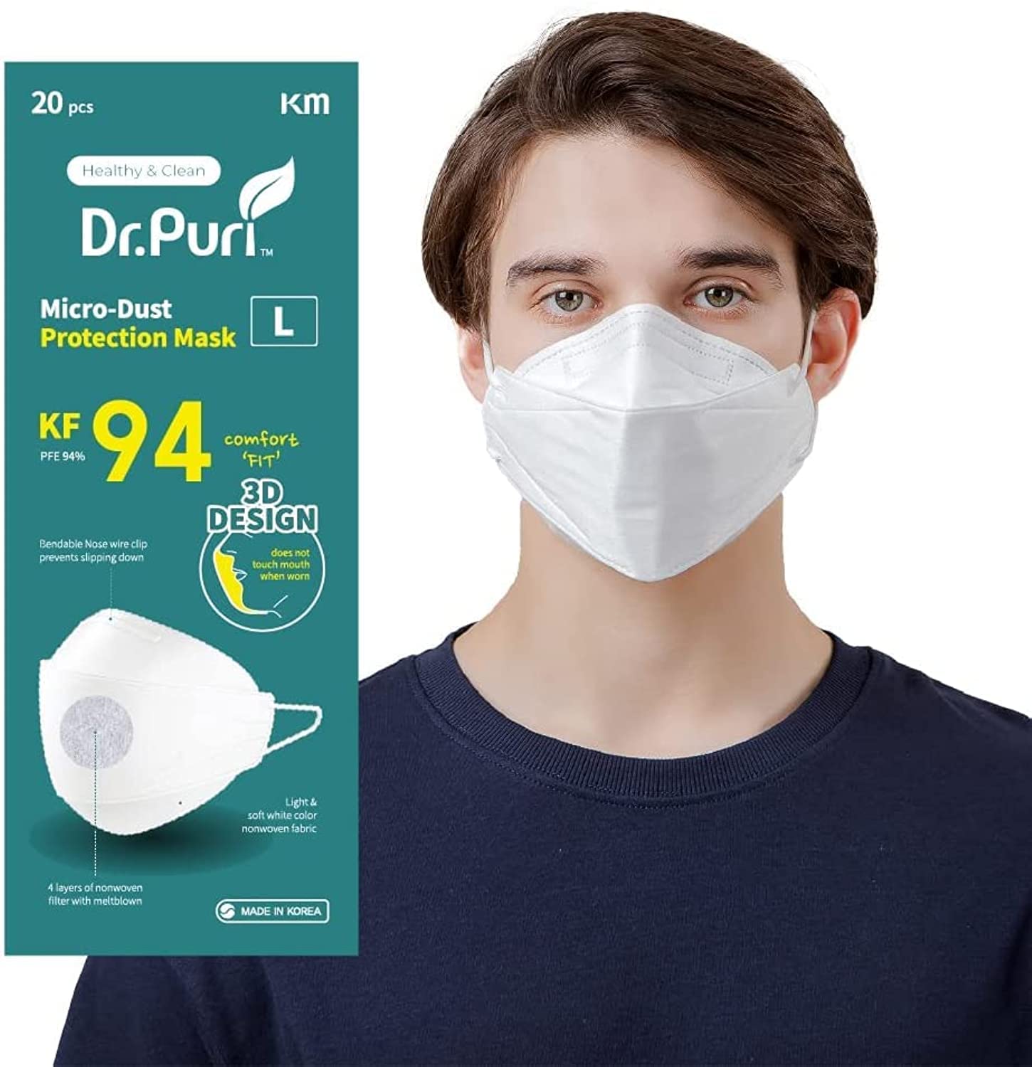 (20 Individually Sealed Masks / Box) Dr. Puri KF94 Micro-Dust Protection Face Mask (White) PFE 94%