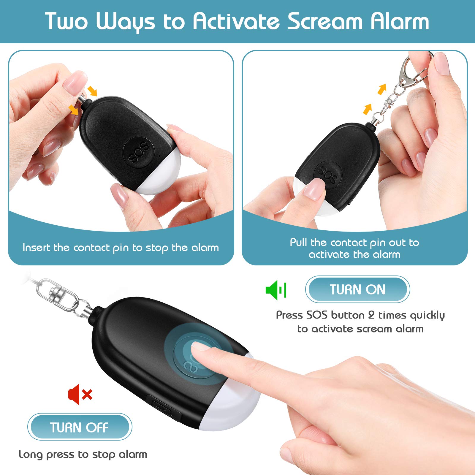 4 Piezas Llavero de Alarma de Seguridad Personal Llavero Canción de Auto Sirena de Alarma de Seguridad de 130 db con USB Recargable Linterna LED para Mujeres Niños Ancianos Hombres