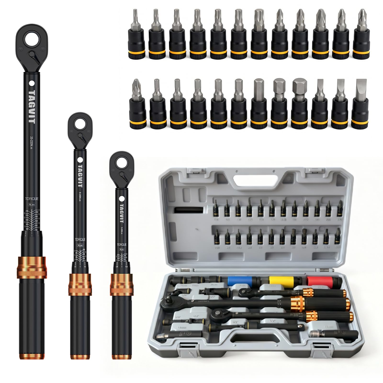 Set di Chiavi Dinamometriche 1/4" 3/8" 1/2" - Kit Completo 41 Pezzi con Bussole e Prolunghe | Acciaio CR-V, Cricchetto 72 Denti, Scala Doppia Alta Precisione per Auto, Bicicletta e Moto